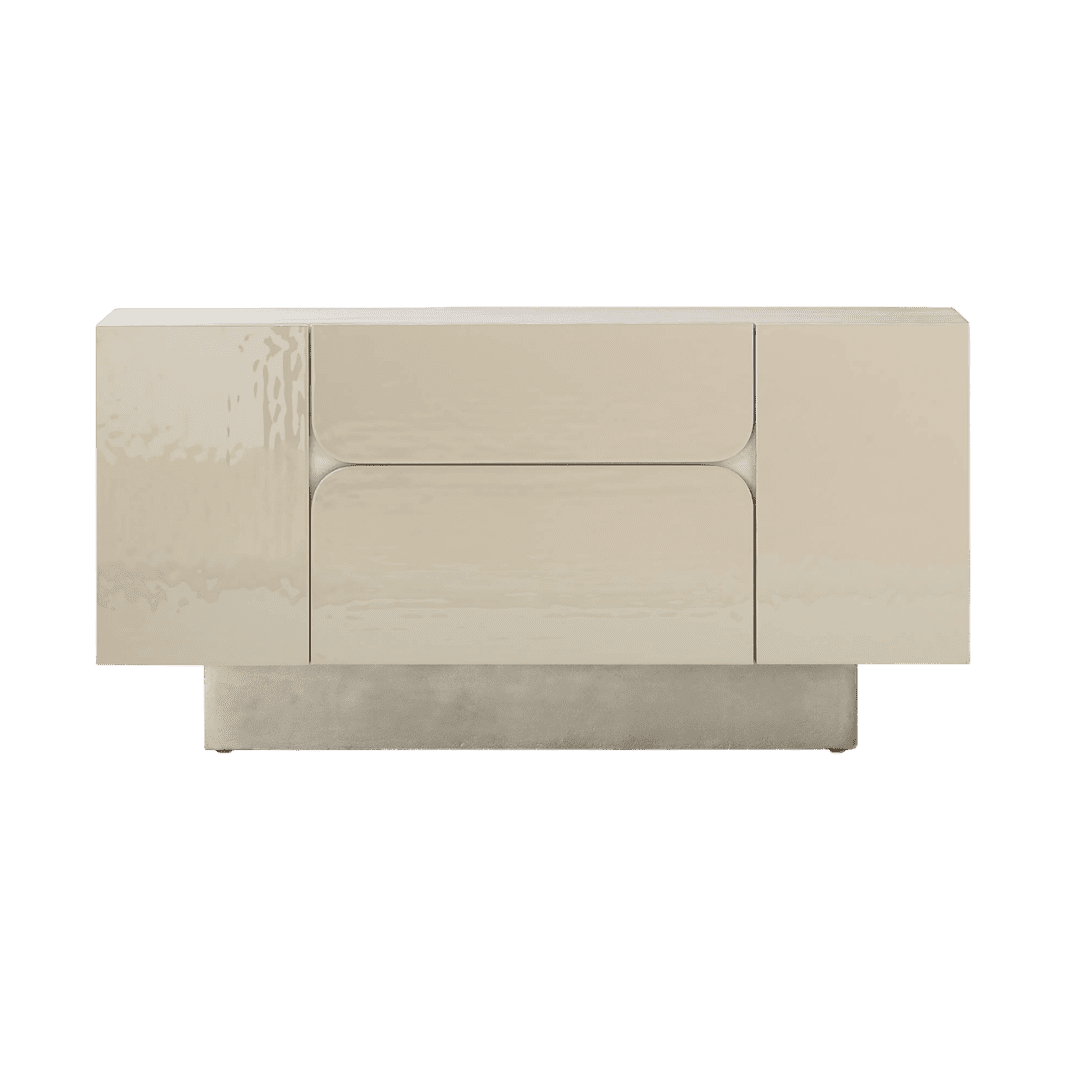 Beige contemporary storage cabinet with three drawers and side panels on a gray plinth.