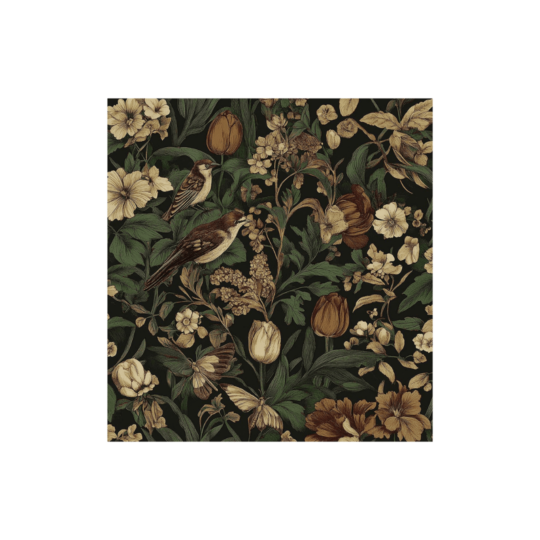 Dark botanical pattern with beige flowers, green leaves, and small brown birds on a black background.