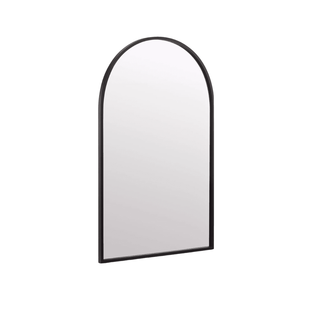 Full-length arched mirror with a slim black frame against a green background