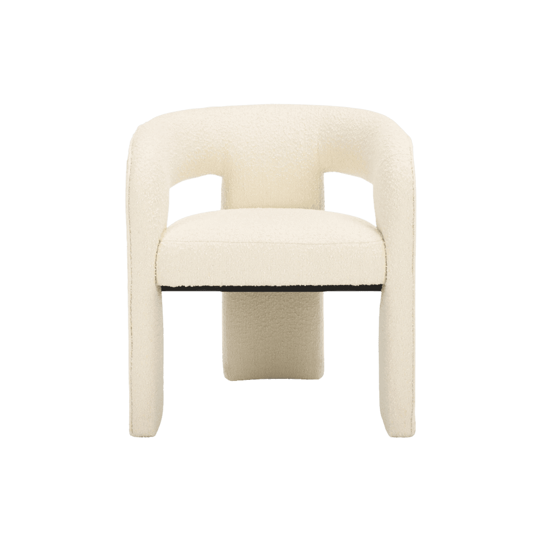 Cream upholstered armchair with a rounded back and single central pedestal leg, in boucle fabric.
