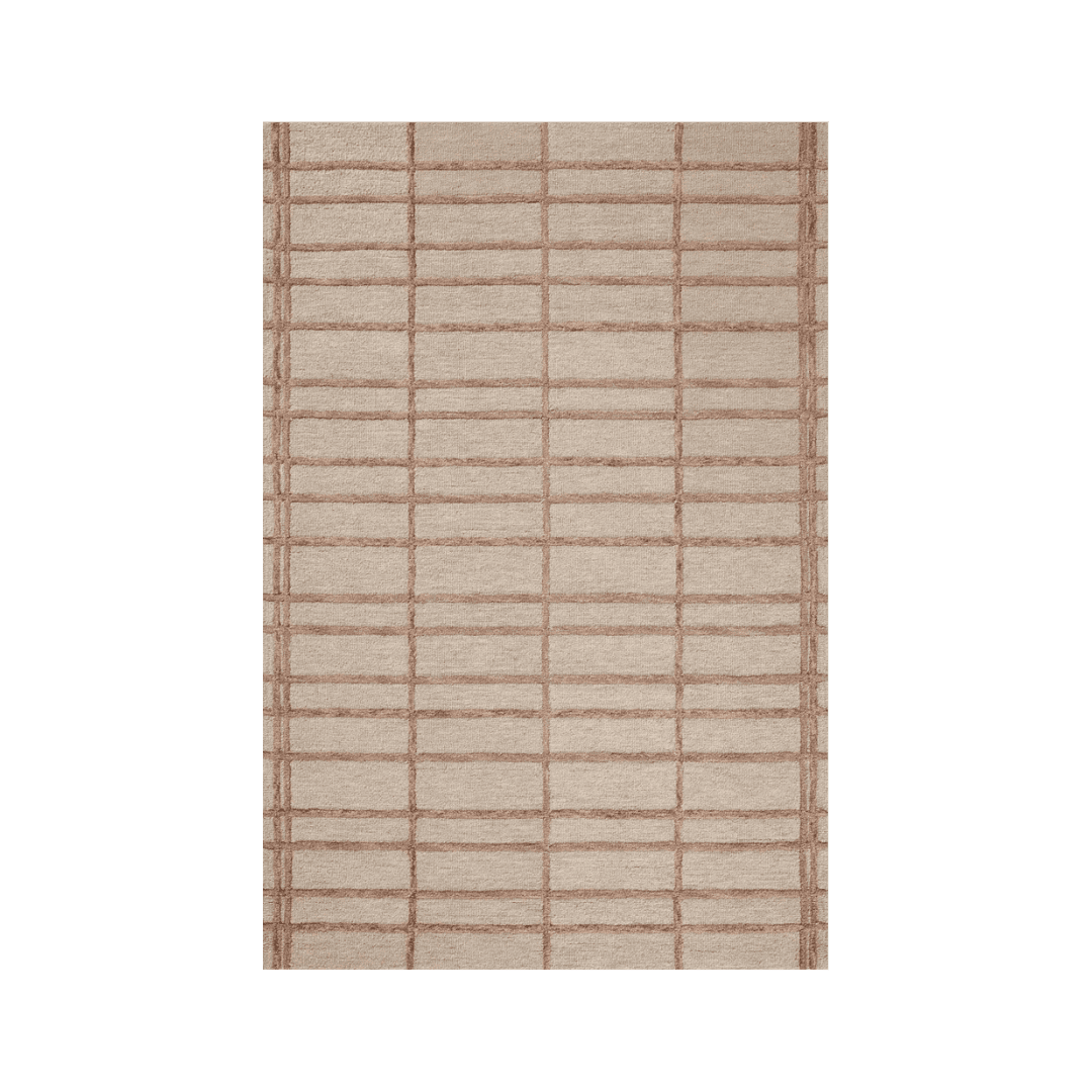 Beige rug with a brown grid pattern of evenly spaced horizontal and vertical lines.