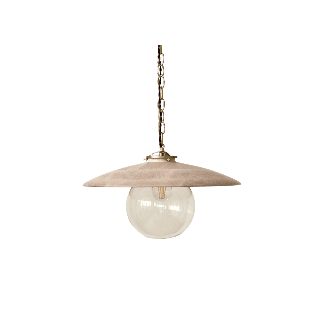 Pendant light with a wooden shade and a clear glass bulb hanging from a metal chain, isolated on a white background. Approach: ambient lighting fixture.