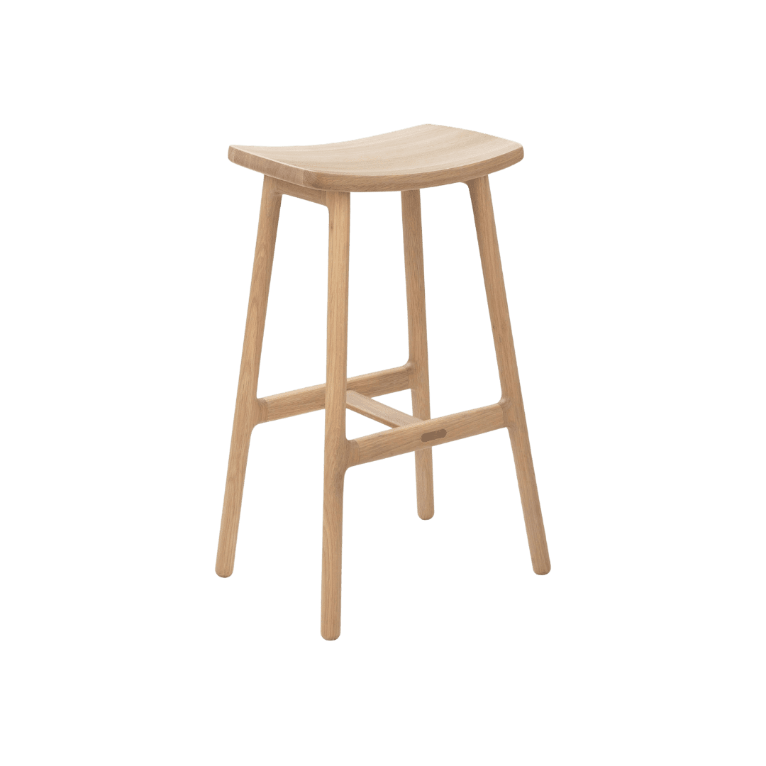 Wooden bar stool with a curved, rounded seat and four angled legs with a crossbar footrest