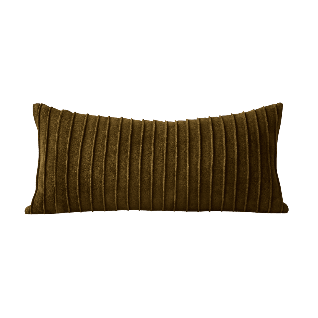 Brown rectangular velvet throw pillow with vertical pleat channels for a decorative touch