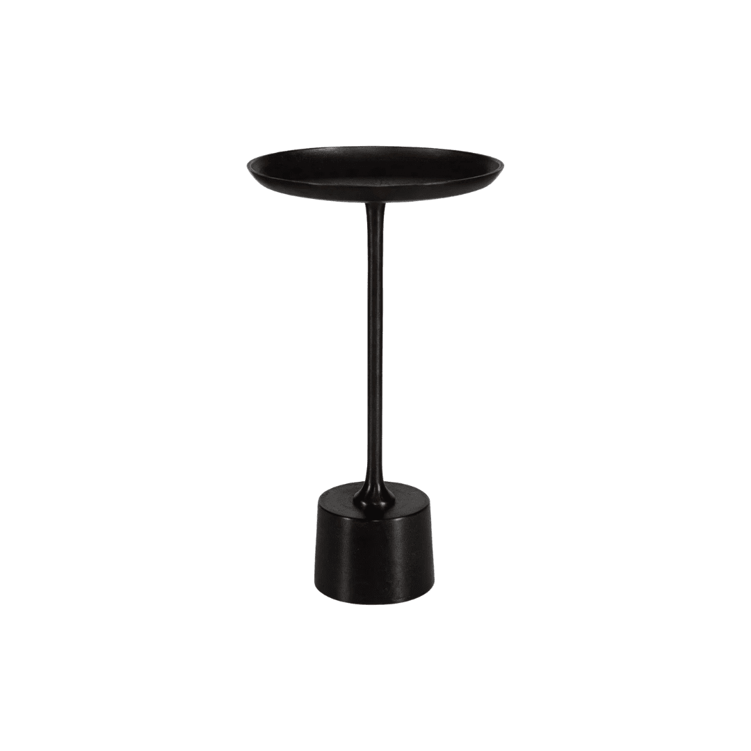 Black metal pedestal stand with a shallow circular dish on top and a heavy round base at the bottom.
