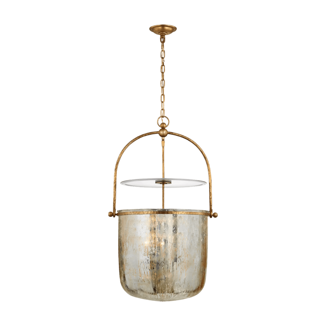 Rustic gold hanging lantern with a weathered glass container and chain link.