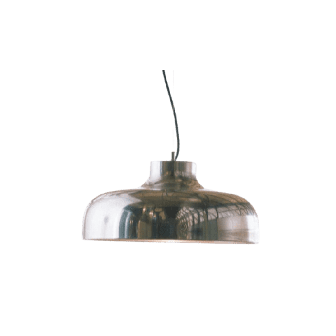 Shiny silver dome pendant lamp hanging from a black cord.