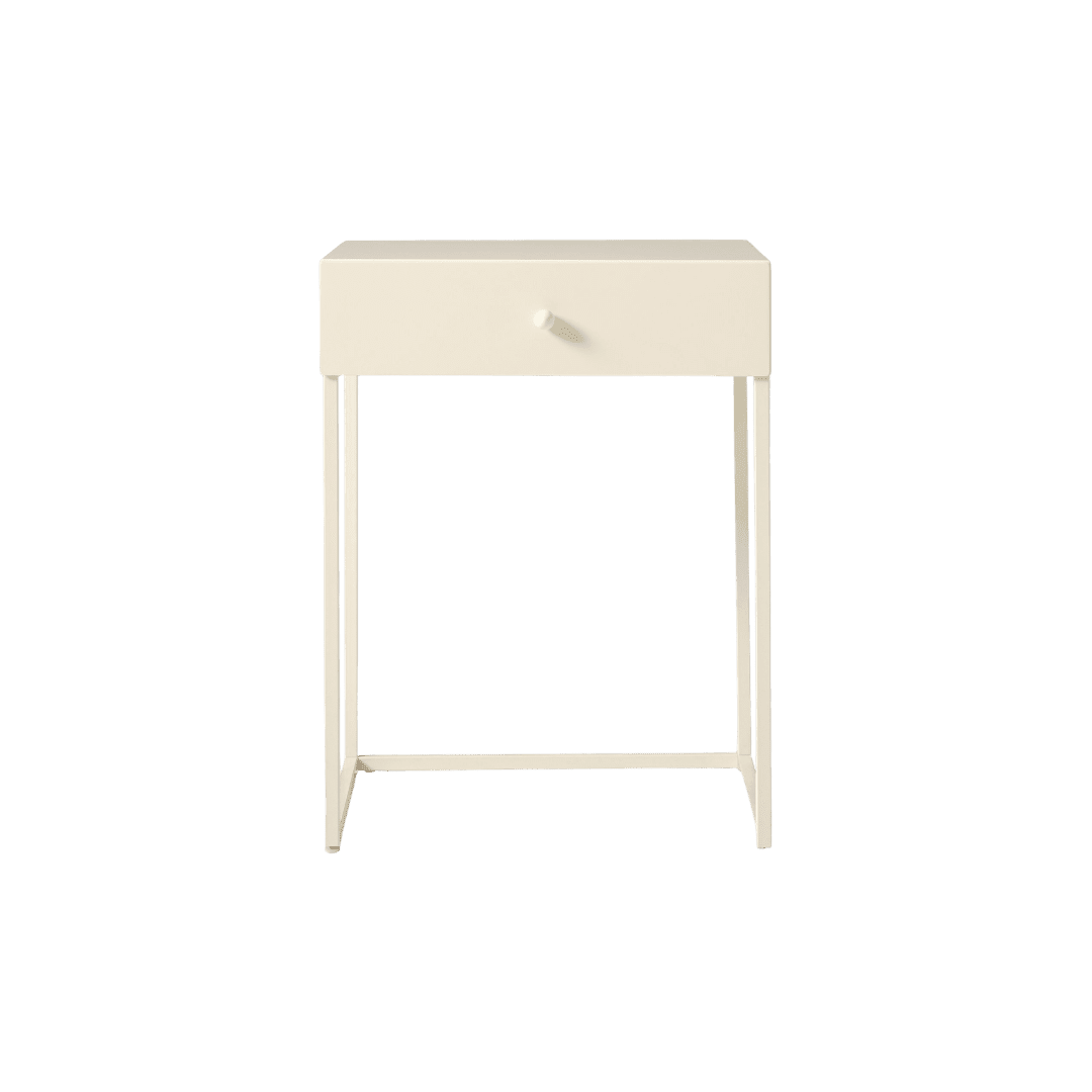 Cream-colored bedside table with a single drawer and slim legs on a rectangular frame