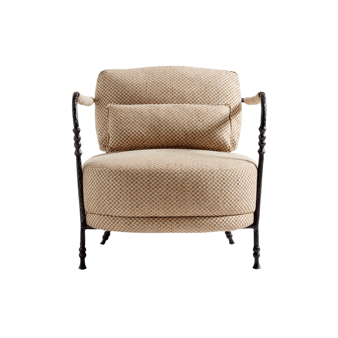 Vintage beige checkered armchair with dark metal frame and cushion.