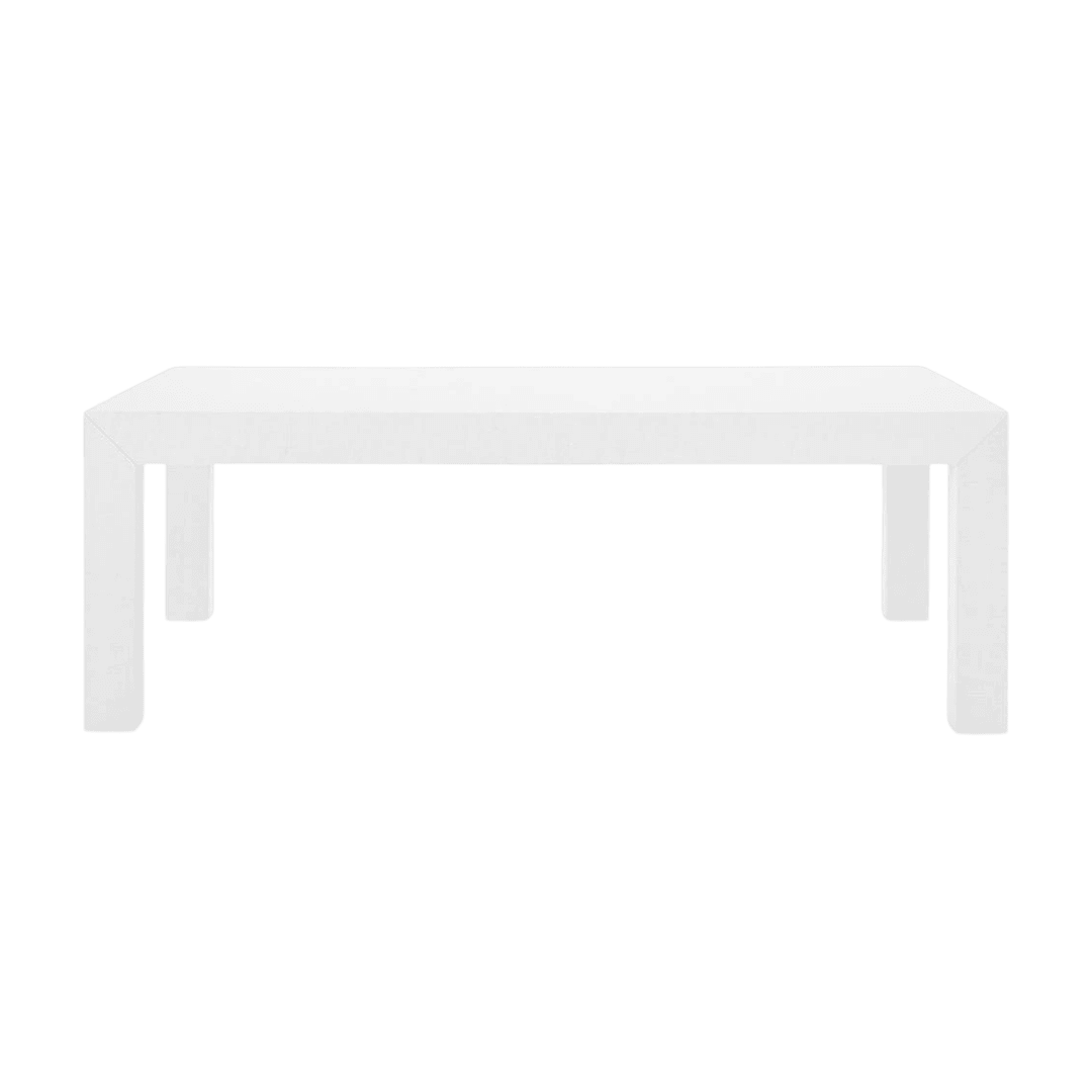 White rectangular table with sturdy rectangular legs, viewed from the side.