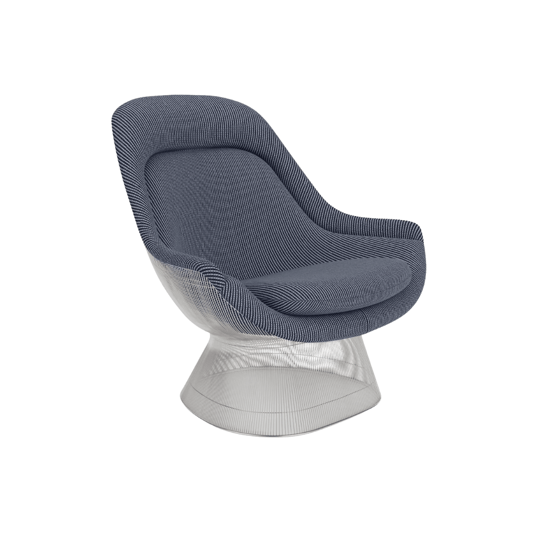 Blue upholstered swivel chair with a curved back and a clear pedestal base (transparent acrylic).