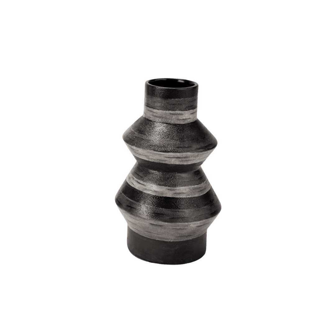 Abstract black ceramic vase with alternating light-gray bands and a narrow opening at the top.