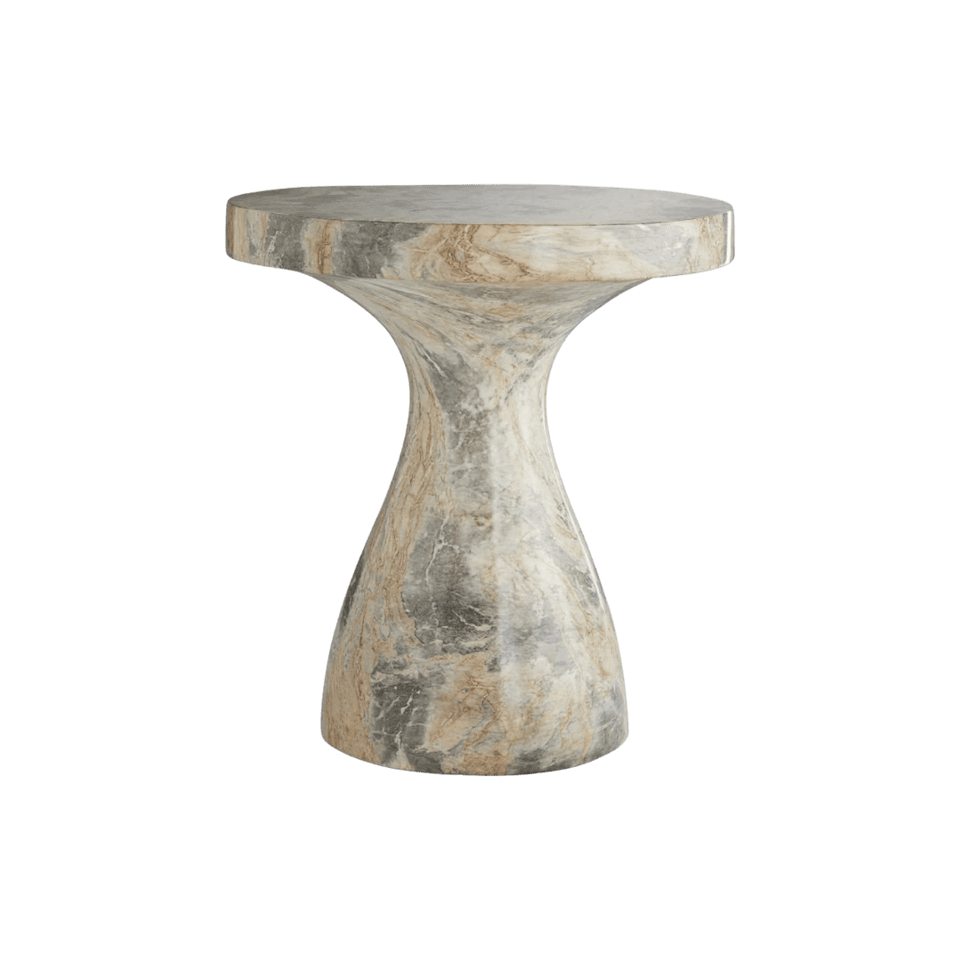 Round marble side table with a curved pedestal base in gray-beige tones