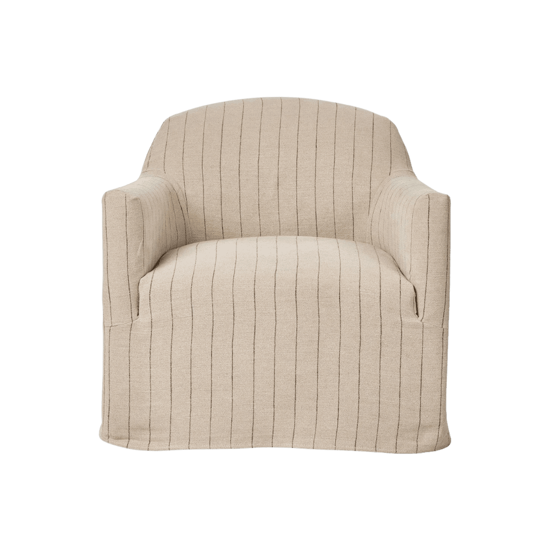 Beige striped upholstered armchair facing forward with rounded arms and skirted base.