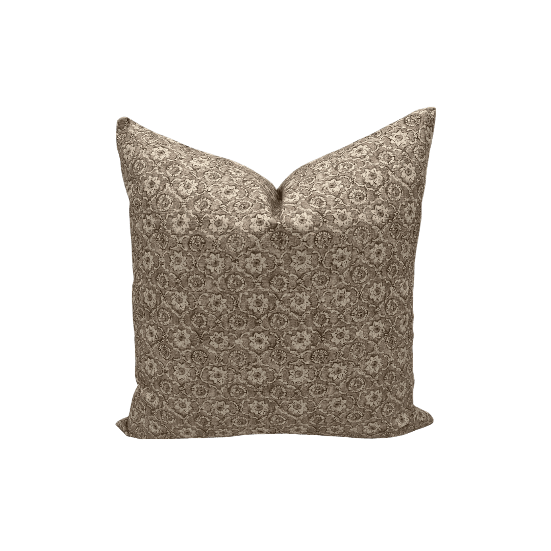 Decorative throw pillow with a brown floral damask pattern on a beige background, square shape.