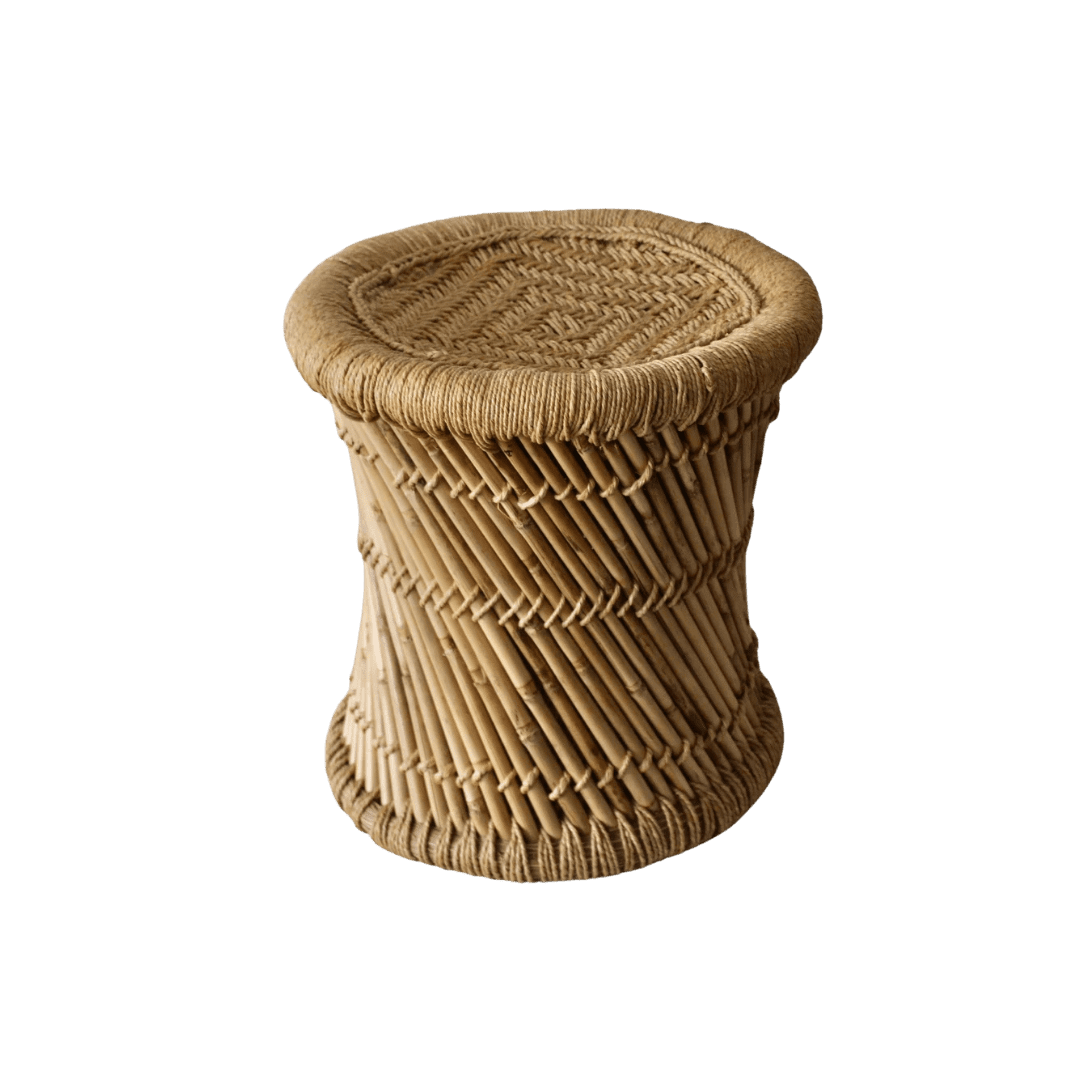Woven wicker stool with a round braided top and vertical side weaving.