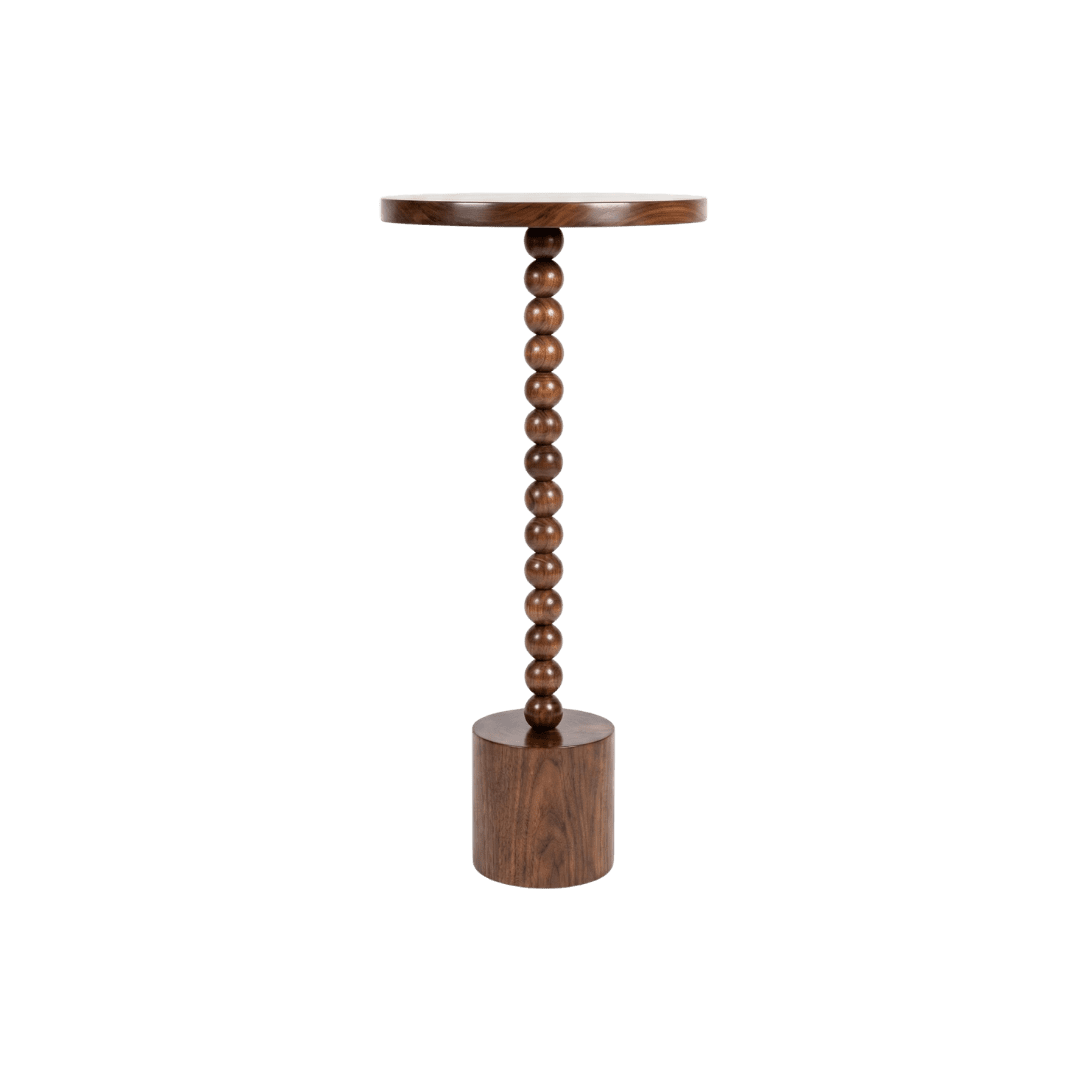 Round wooden pedestal table with a bead-turn column and cylindrical base, viewed from the front.
