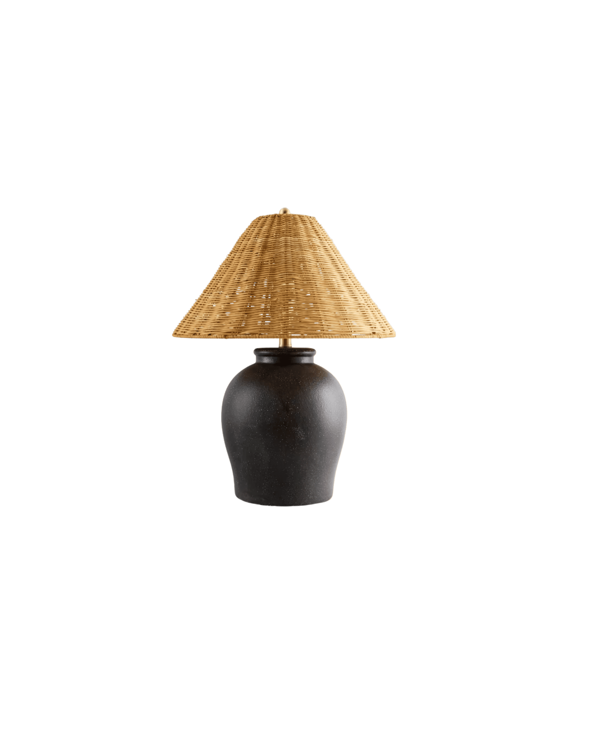 Ceramic dark vase-shaped lamp base with a conical woven straw lampshade against a black background.