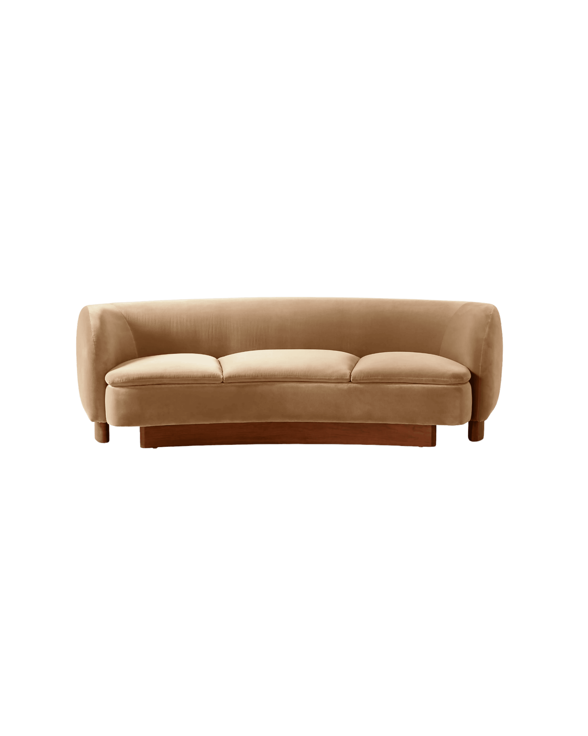 Tan upholstered sofa shown against a solid black background, cut off at the bottom edge of the image.