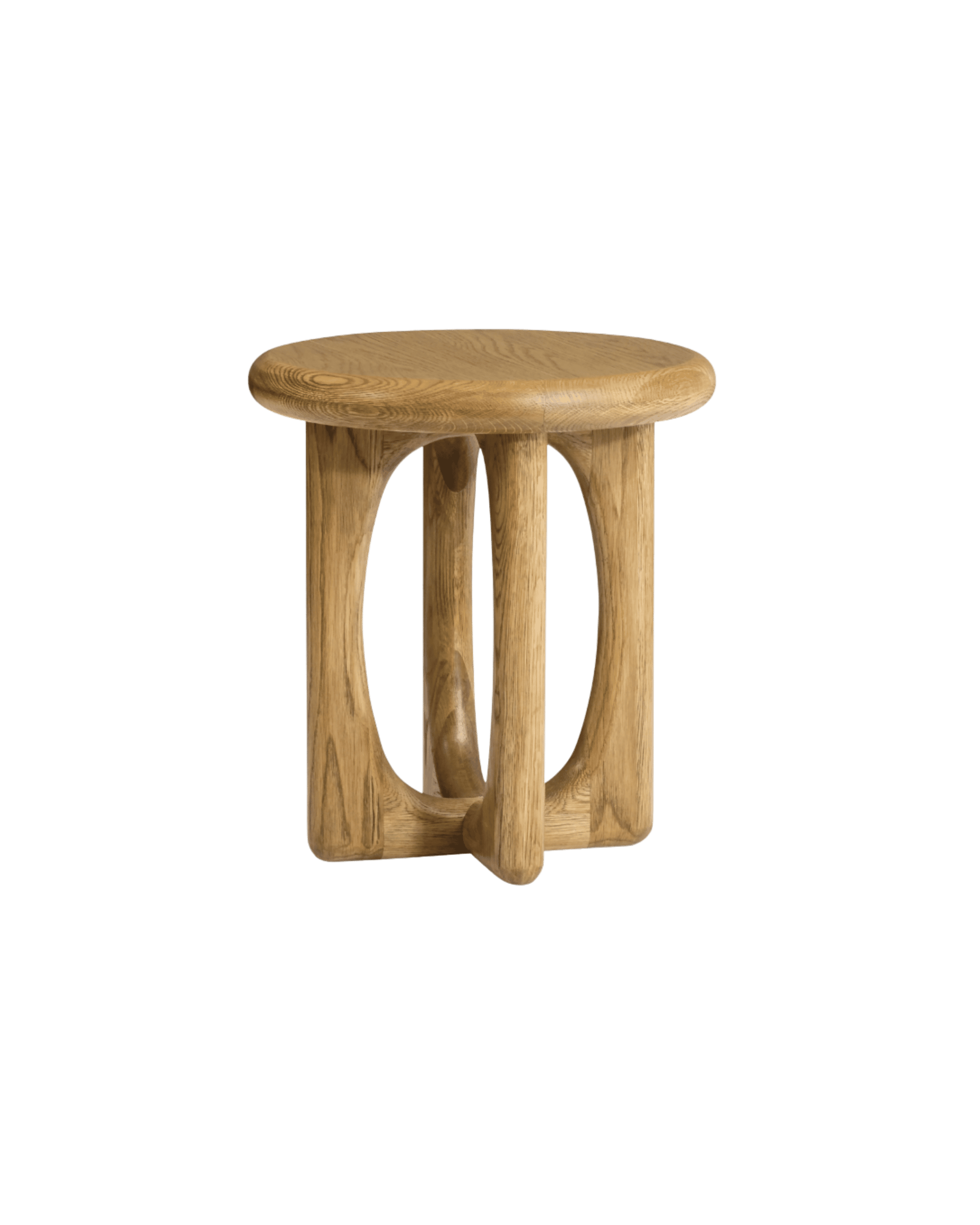 Round wooden stool with a smooth, light oak finish and curved legs seen from the front.
