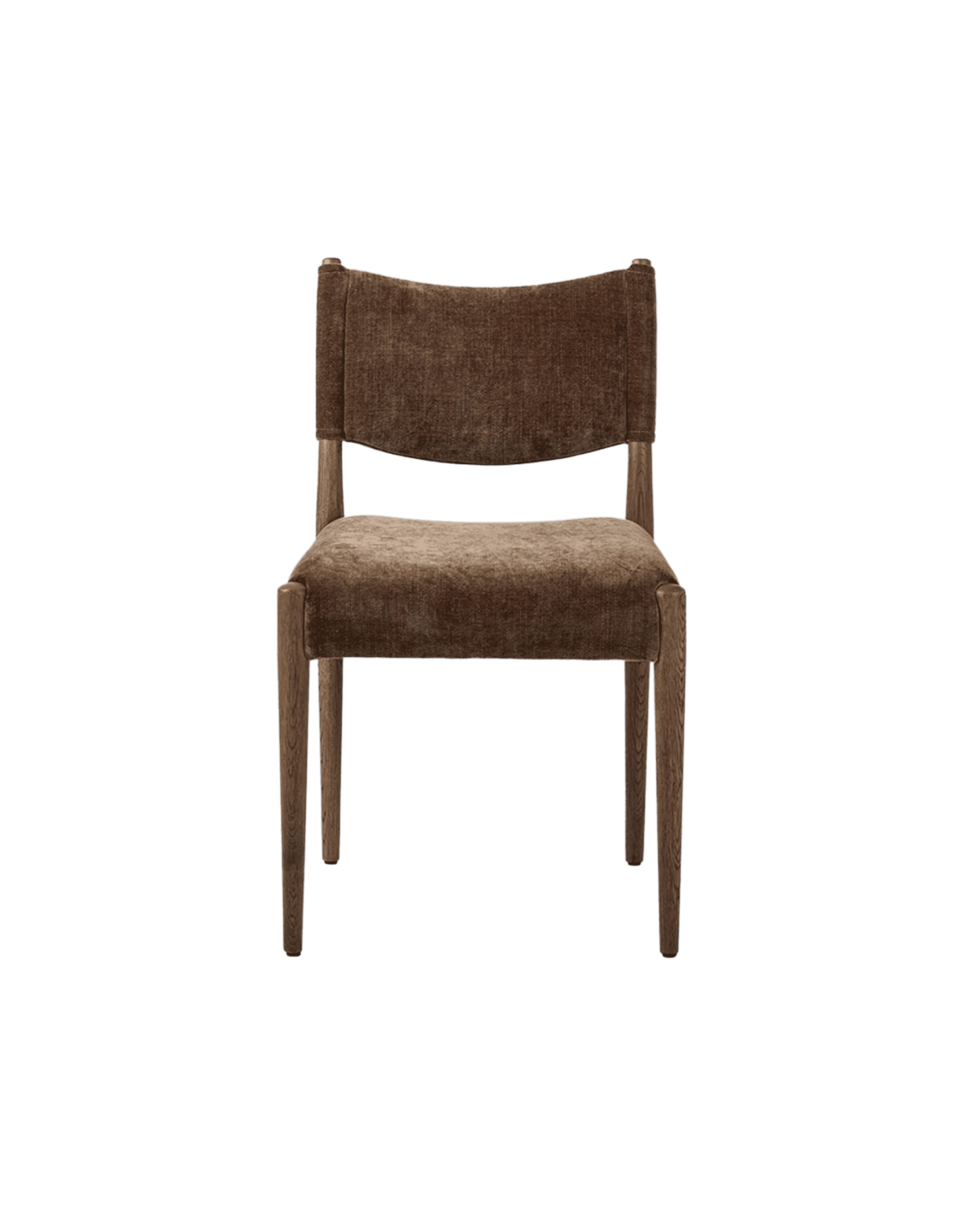 Back view of a brown fabric-upholstered chair with wooden legs and frame.