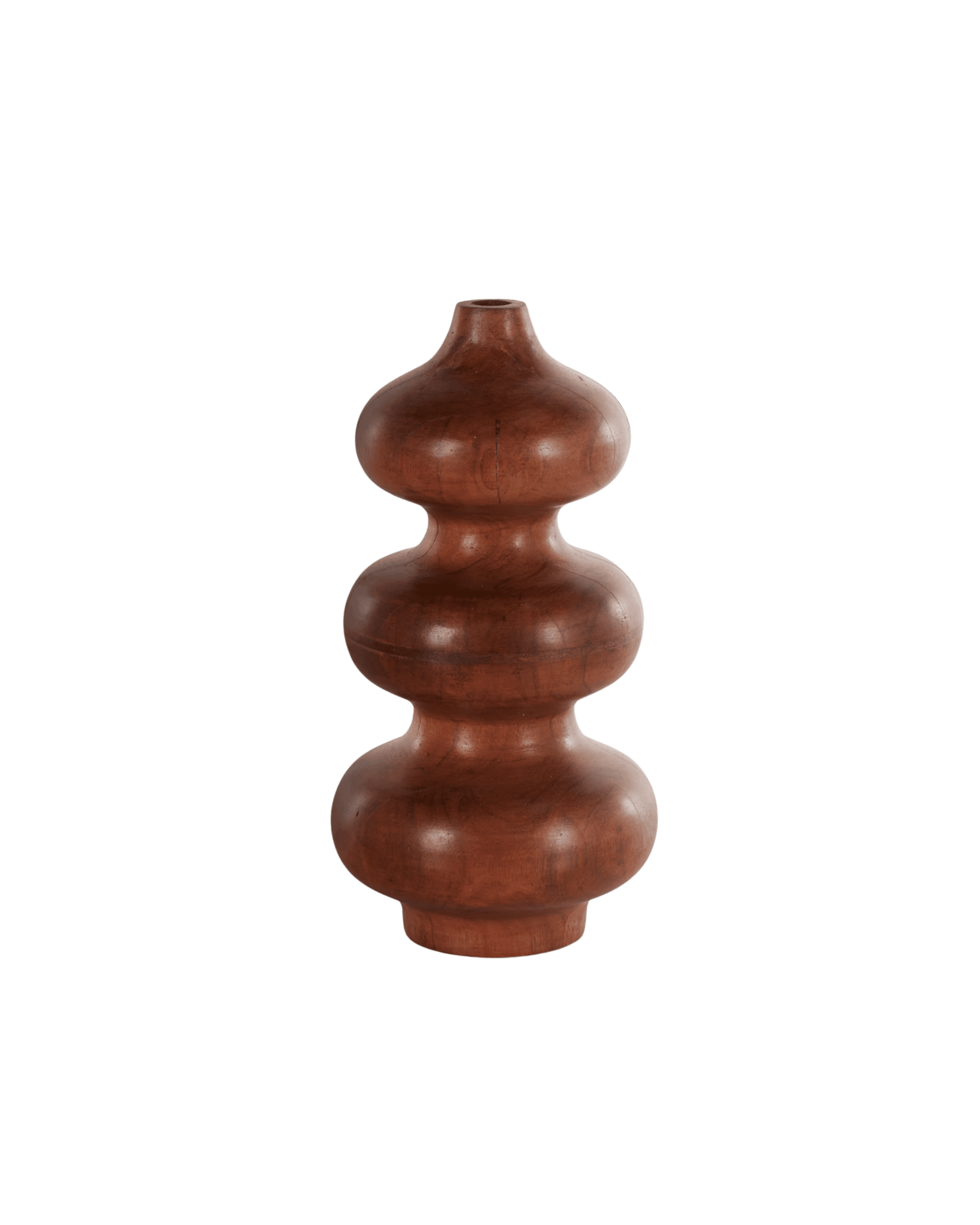 Close-up of a brown polished wooden turned finial with a narrow neck and stacked bulbous sections against a black background, resembling a decorative vase or furniture ornament