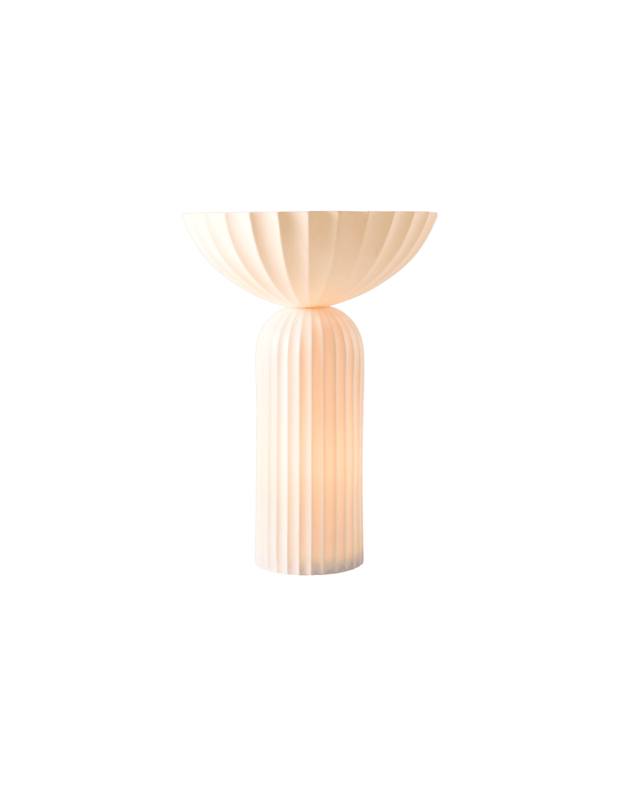 Cream ribbed pedestal lamp against a black background.