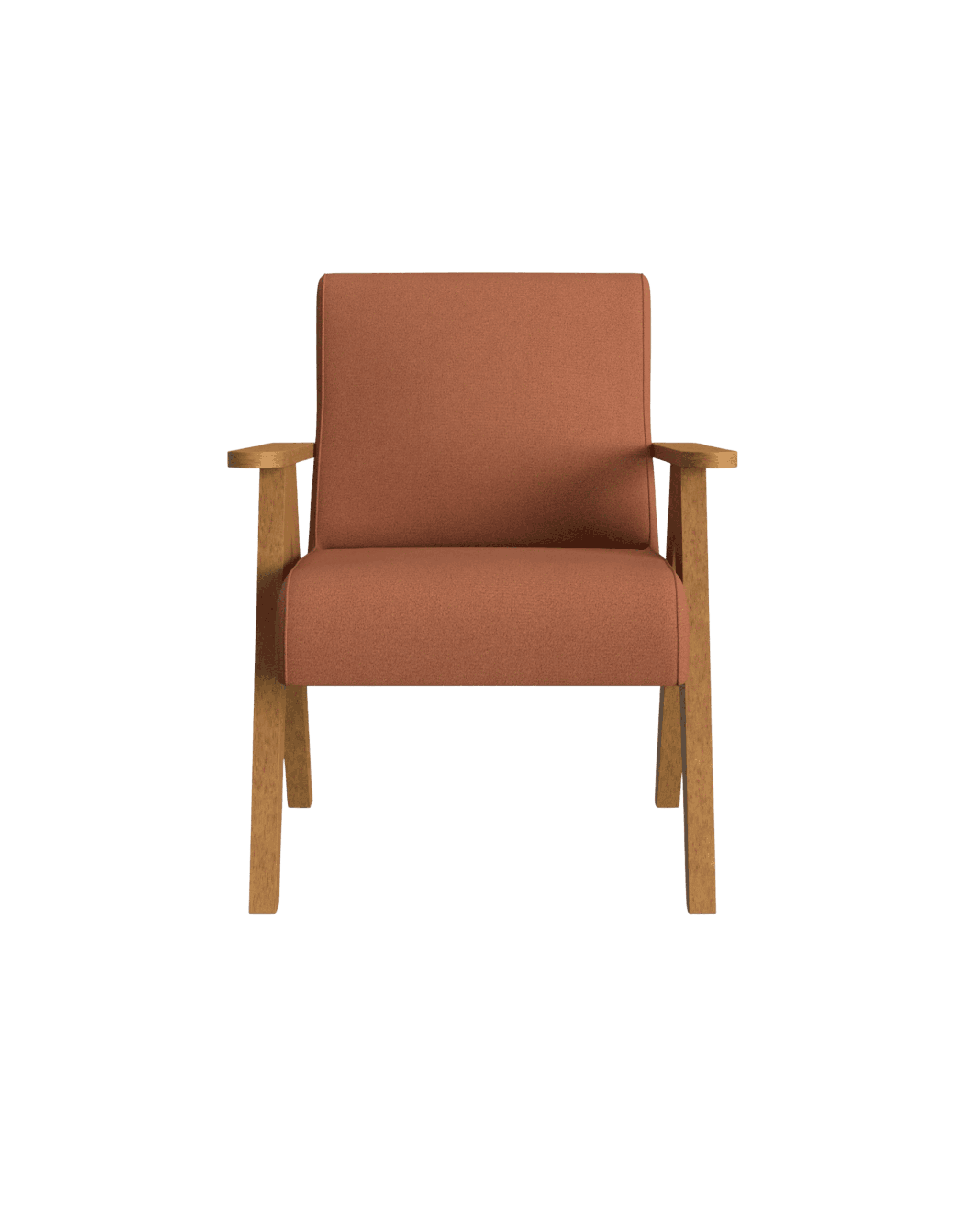Wooden mid-century armchair with rust-brown upholstered seat and back, set against a black background.
