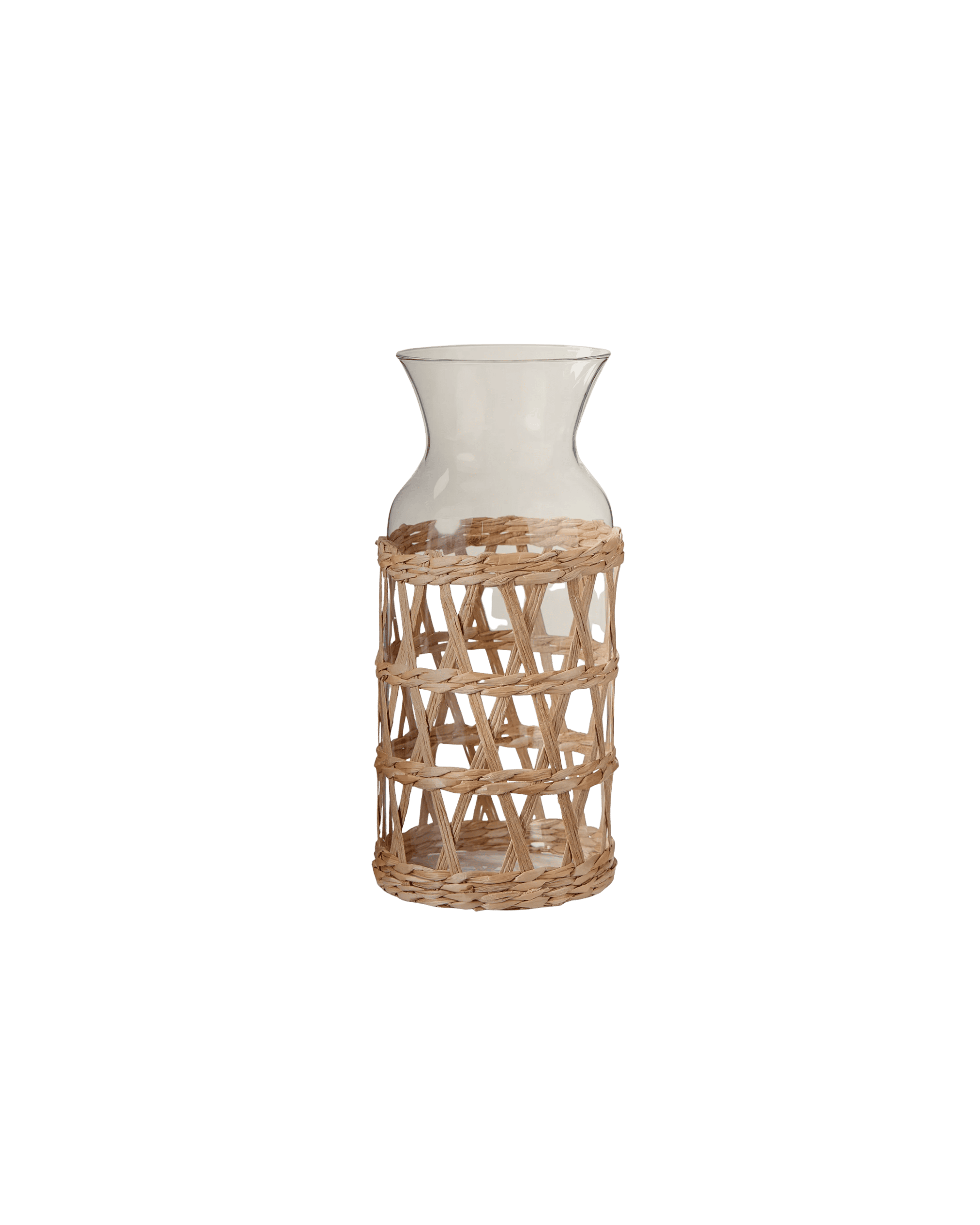 Tall clear glass vase with a flared rim wrapped by a woven wicker basket, set against a black background.