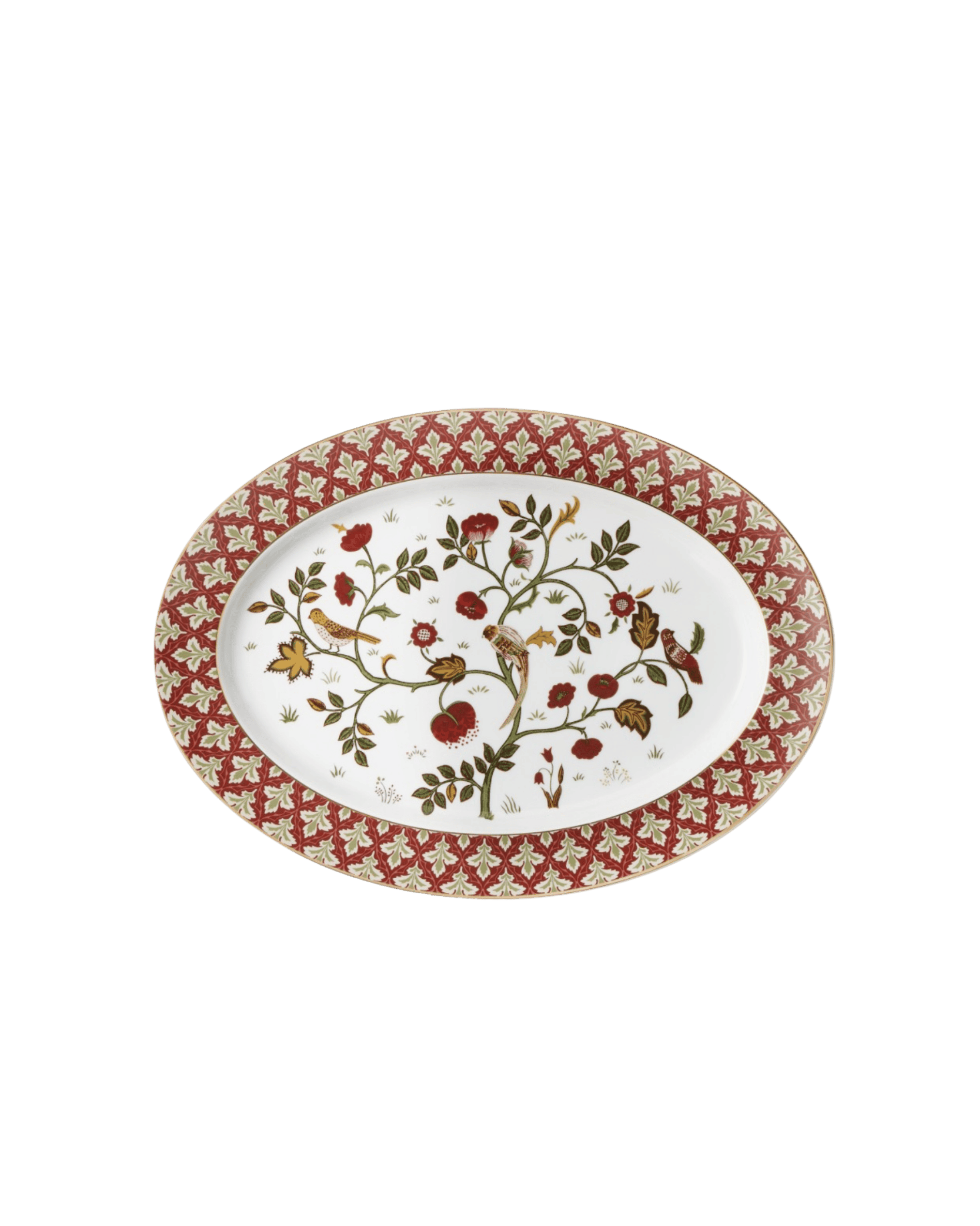 Decorative porcelain plate with a botanical tree design in the center and a red patterned rim.