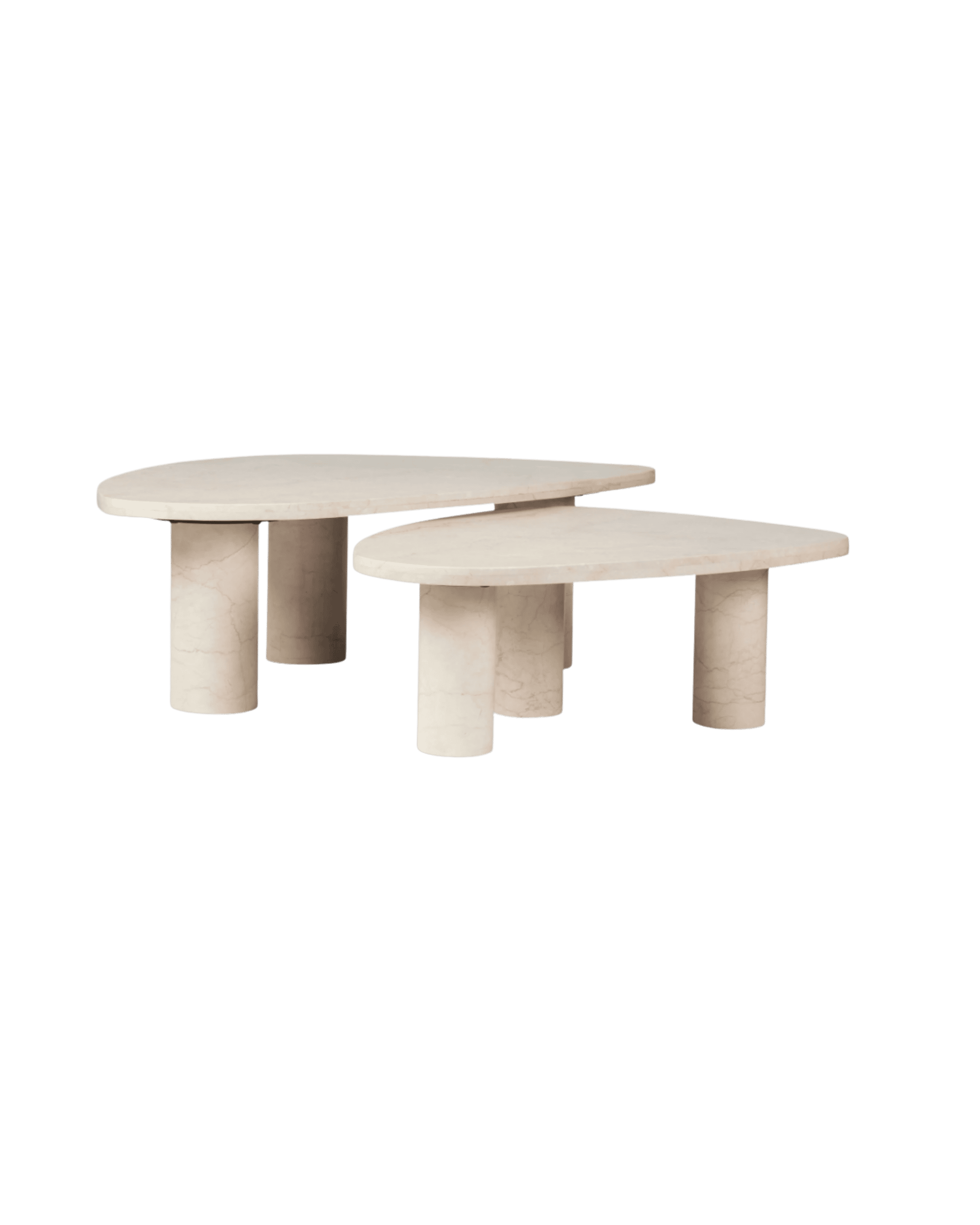 Round marble tables with cylindrical pedestals in a tiered arrangement on a black background.