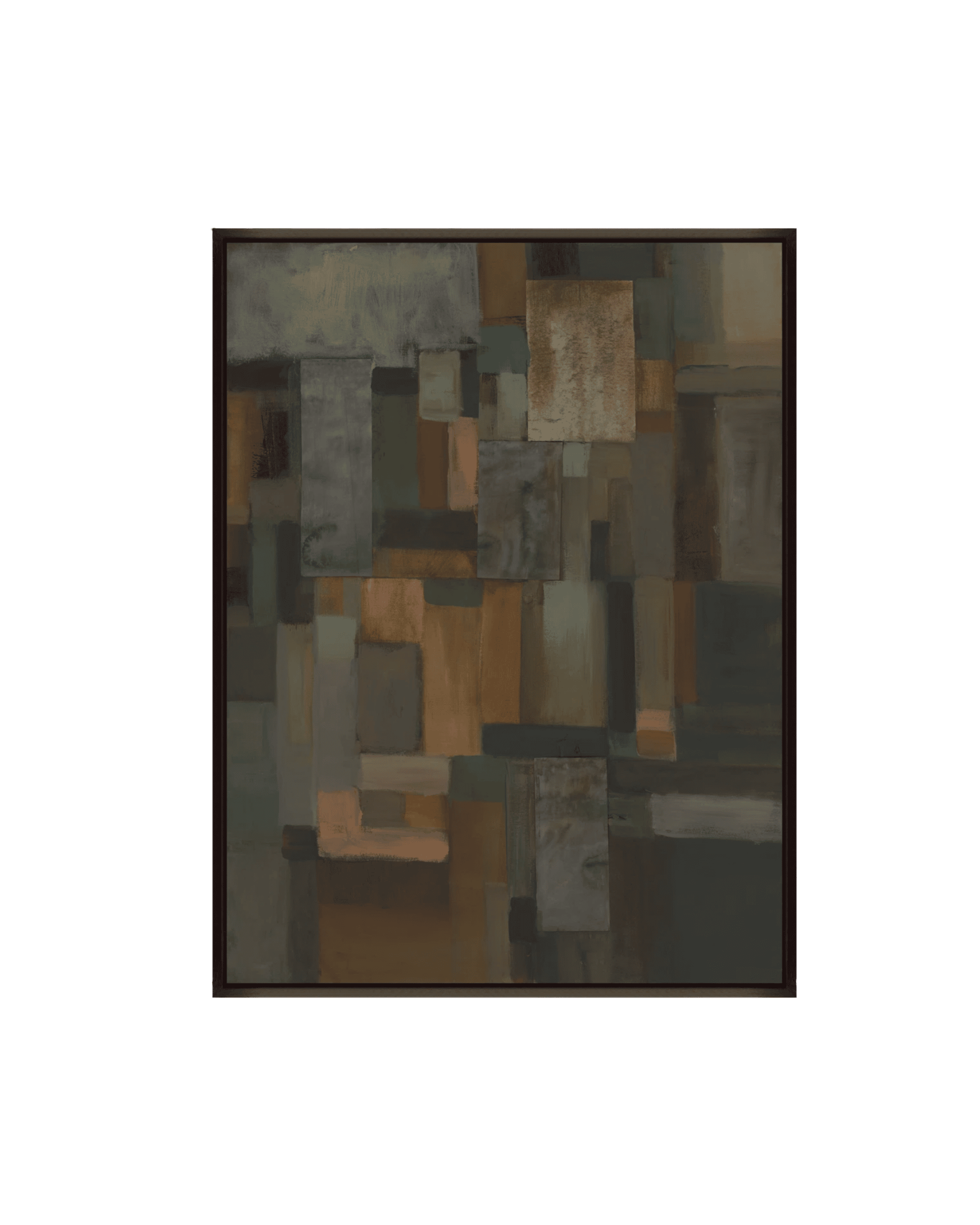 Abstract geometric painting of overlapping rectangular blocks in muted earth tones, framed in dark wood.