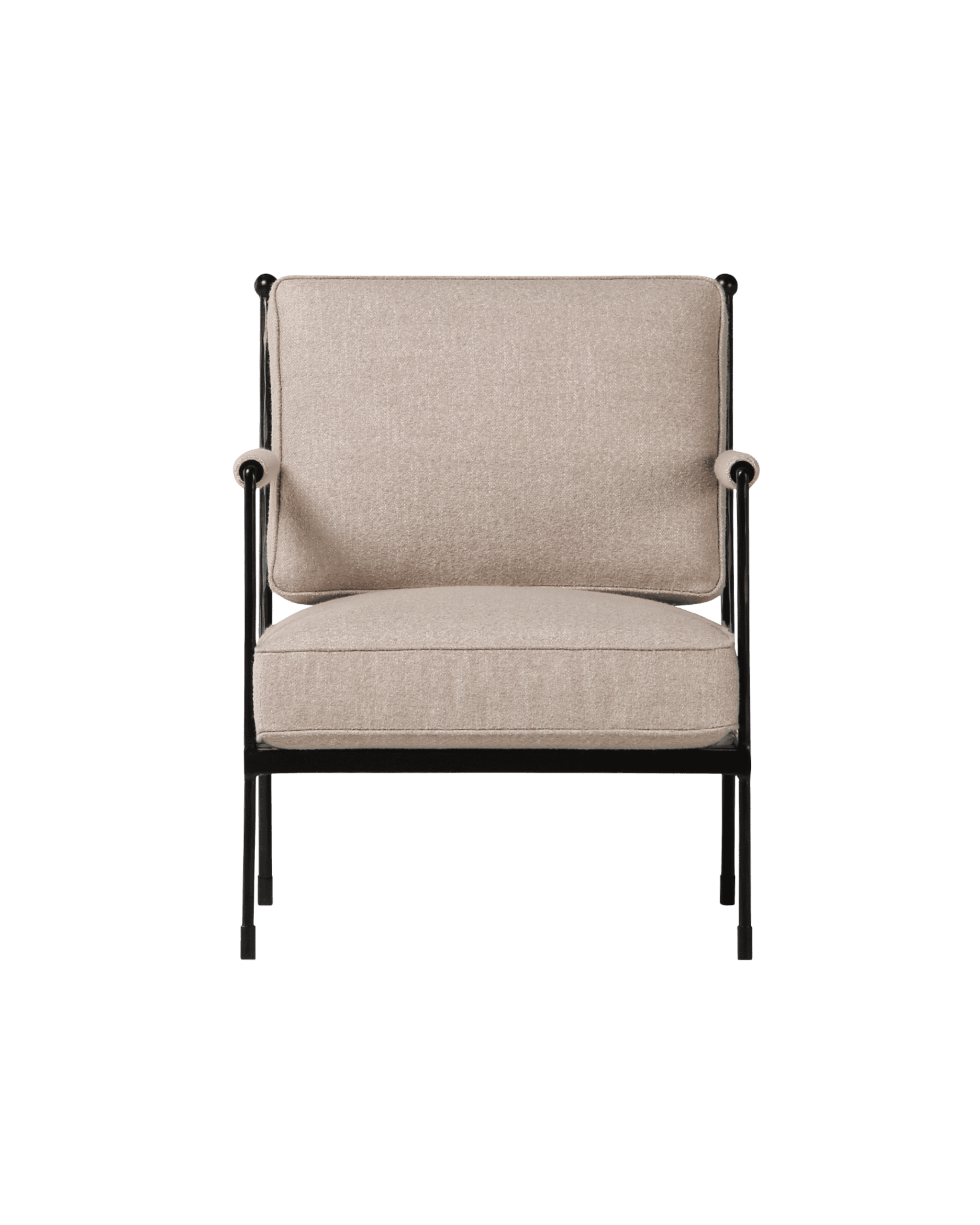 Beige upholstered chair with a black metal frame shown against a black background.