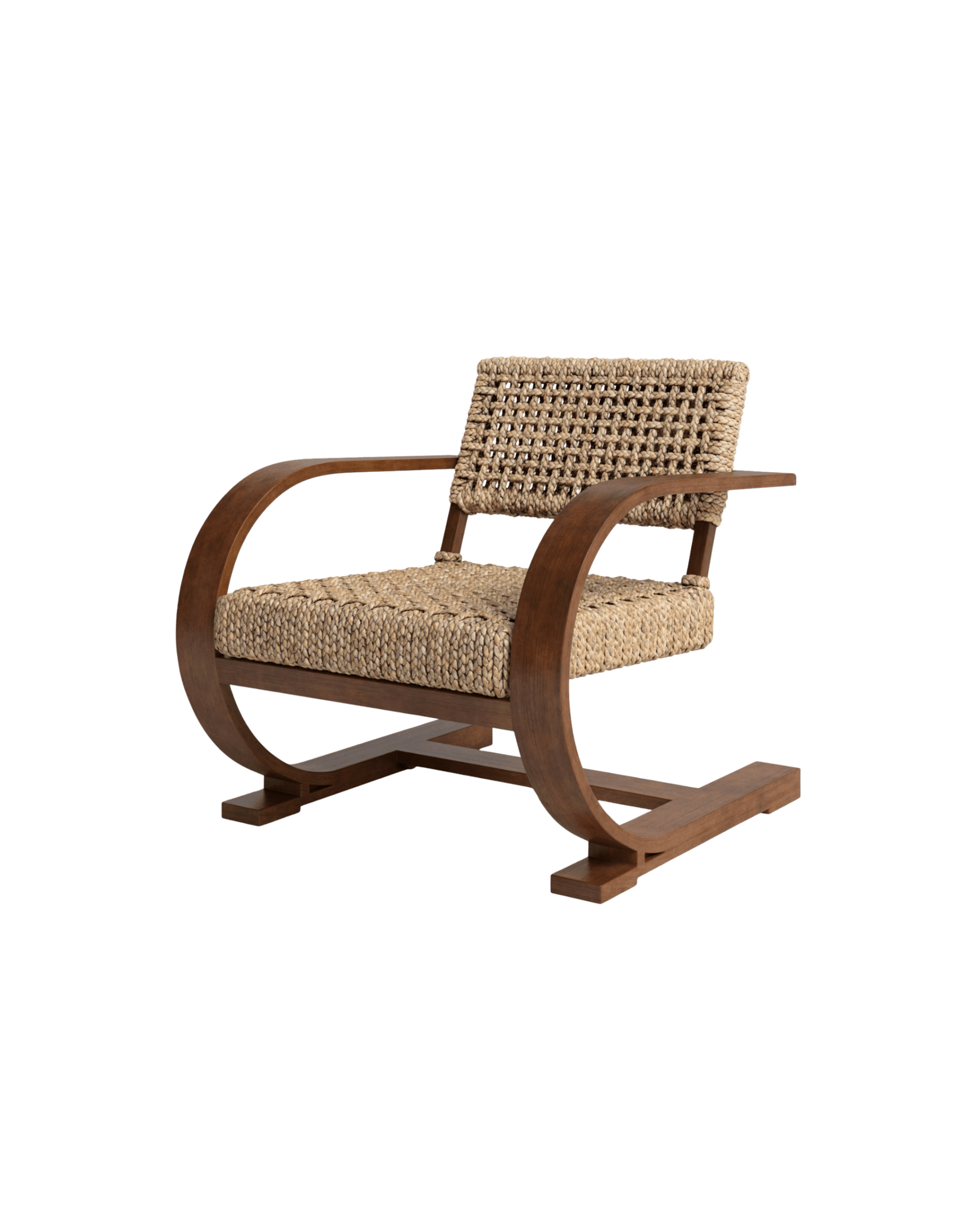 Wooden rocking chair with a woven rope seat and back, curved armrests.