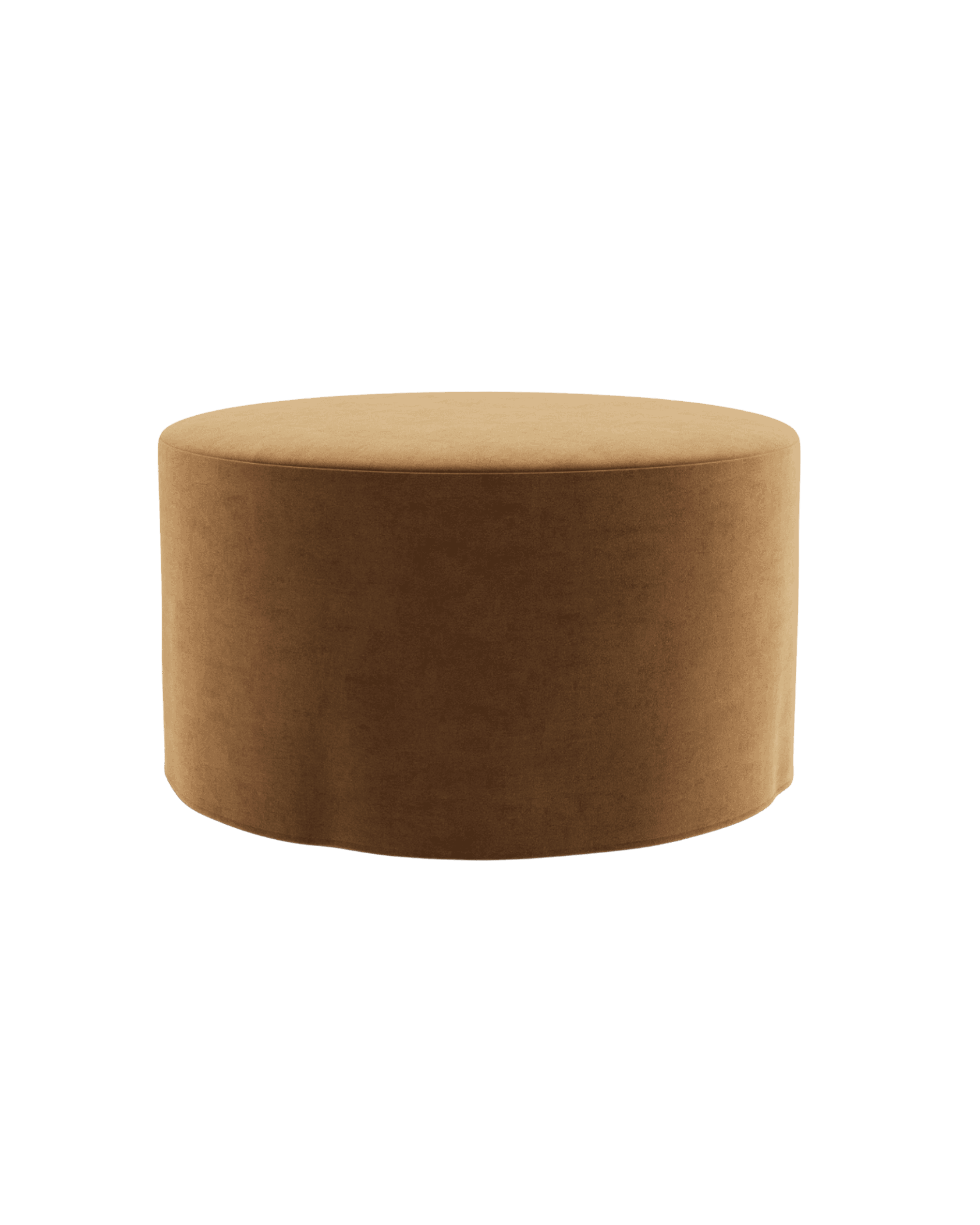 Round brown velvet ottoman with a soft fabric surface against a black background