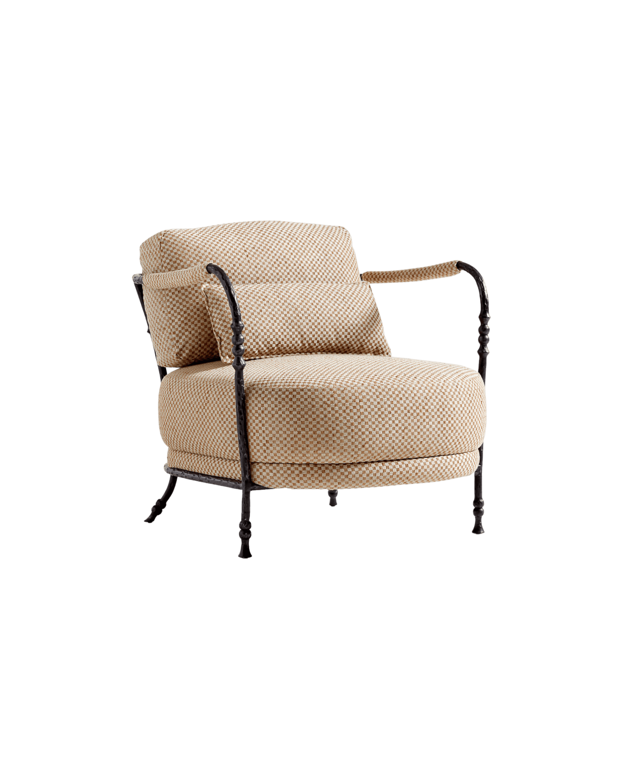 Vintage beige checker-pattern chair with curved dark metal arms, shown from a partial side view against a black background.