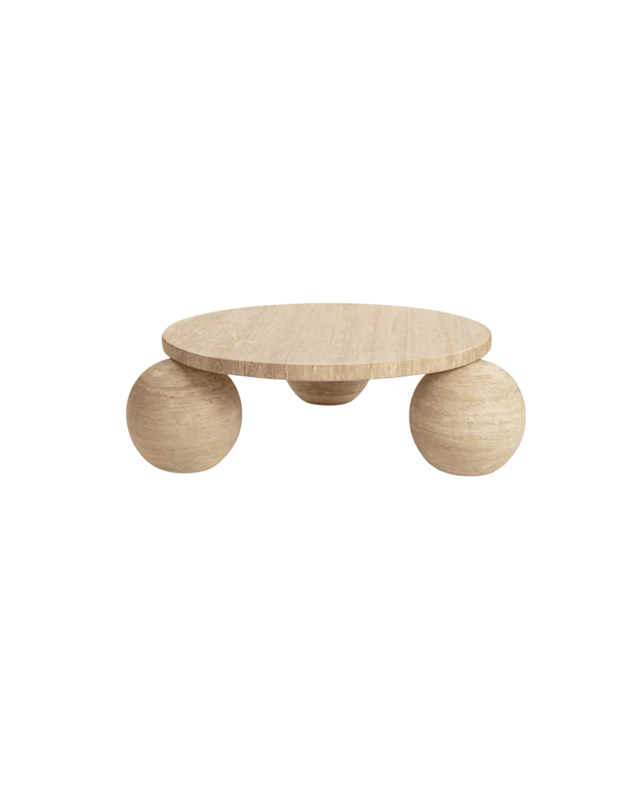 Small round wooden table with three spherical legs in a light oak finish .