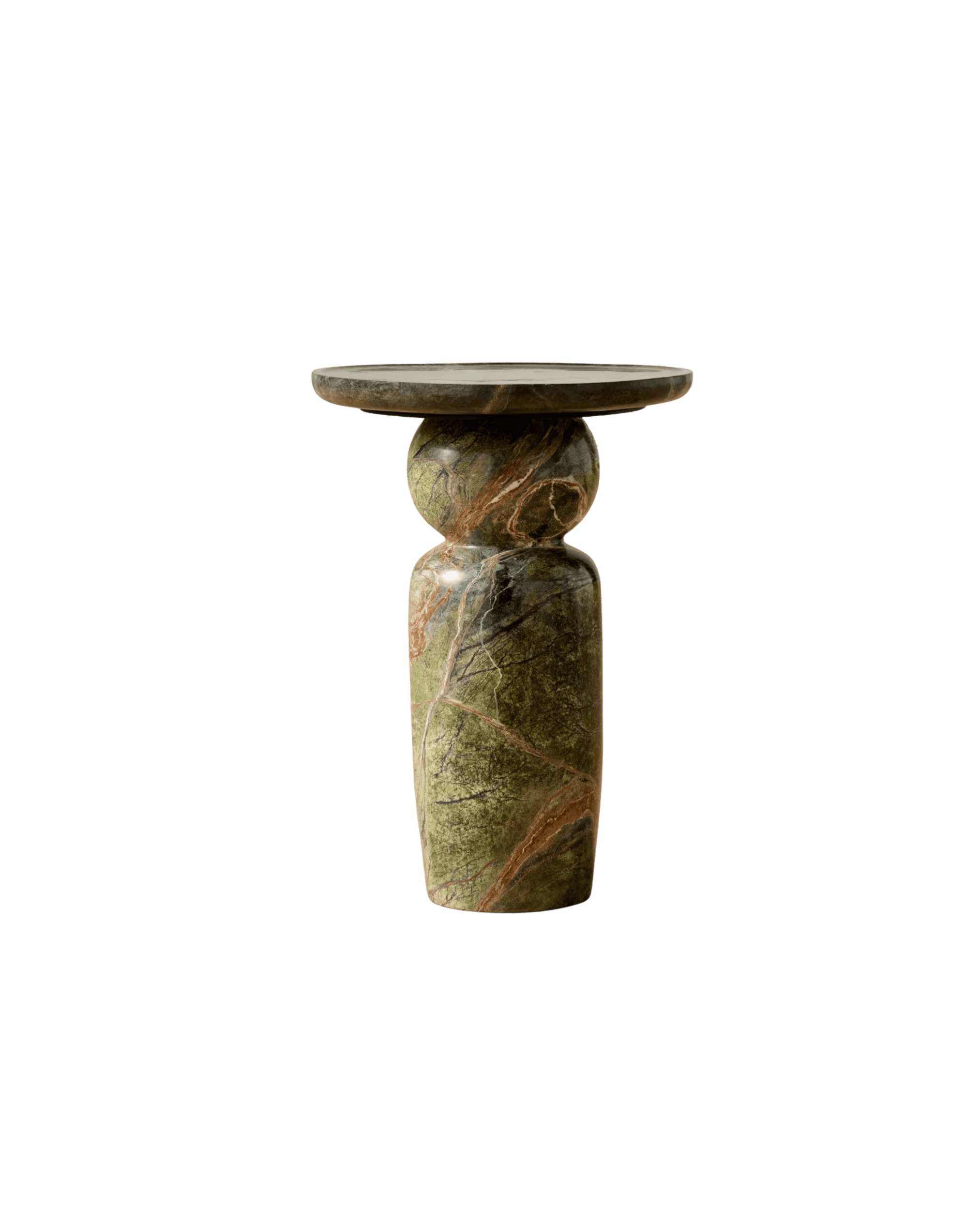 Round marble-top pedestal table against a black background, showing a cylindrical marble base and a circular top