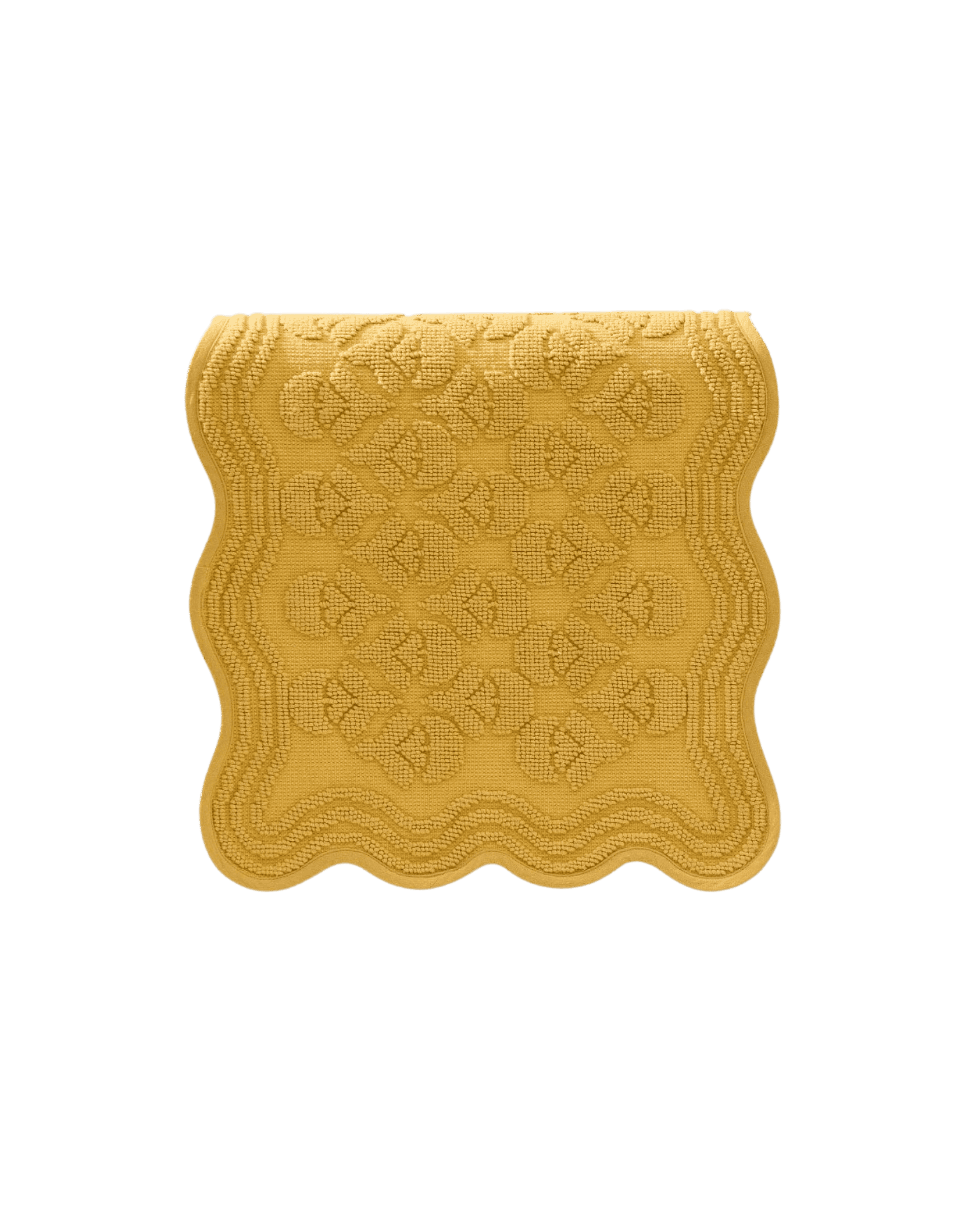 Yellow ornate clutch bag with embossed lace pattern and scalloped edges, photographed against a black background, focusing on texture and design.