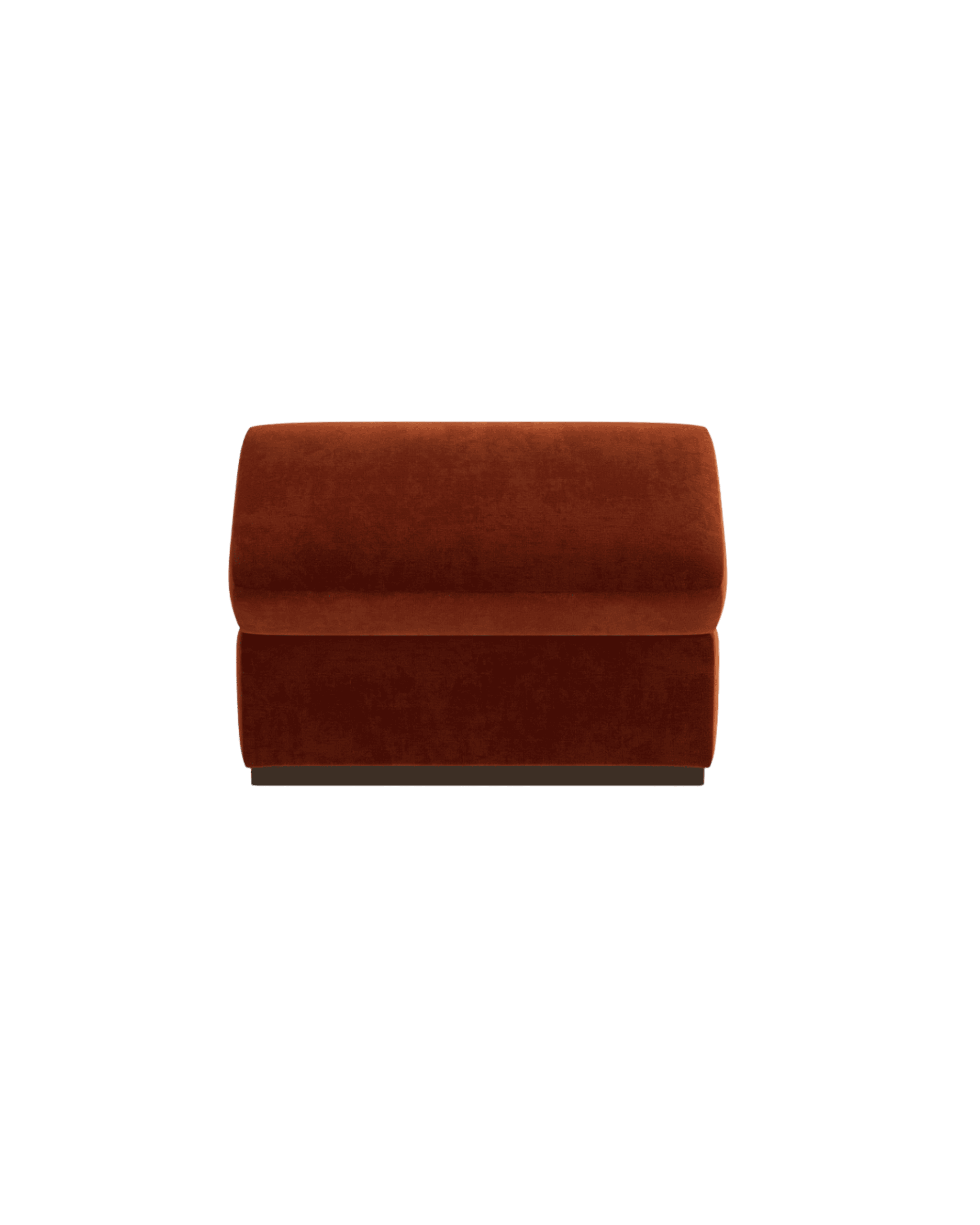 Front view of a burnt-orange upholstered chair against a black background.