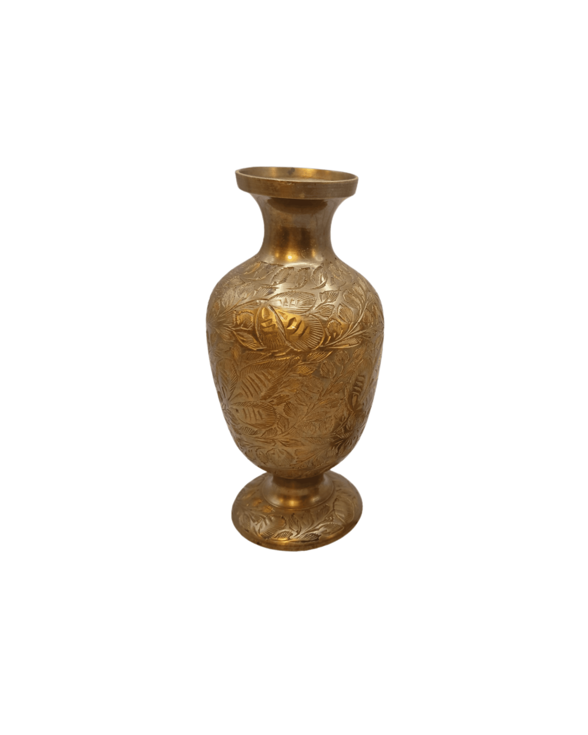 Gold decorative vase with a flared rim and narrow neck, ornate leaf and flower engravings, mounted against a black background.