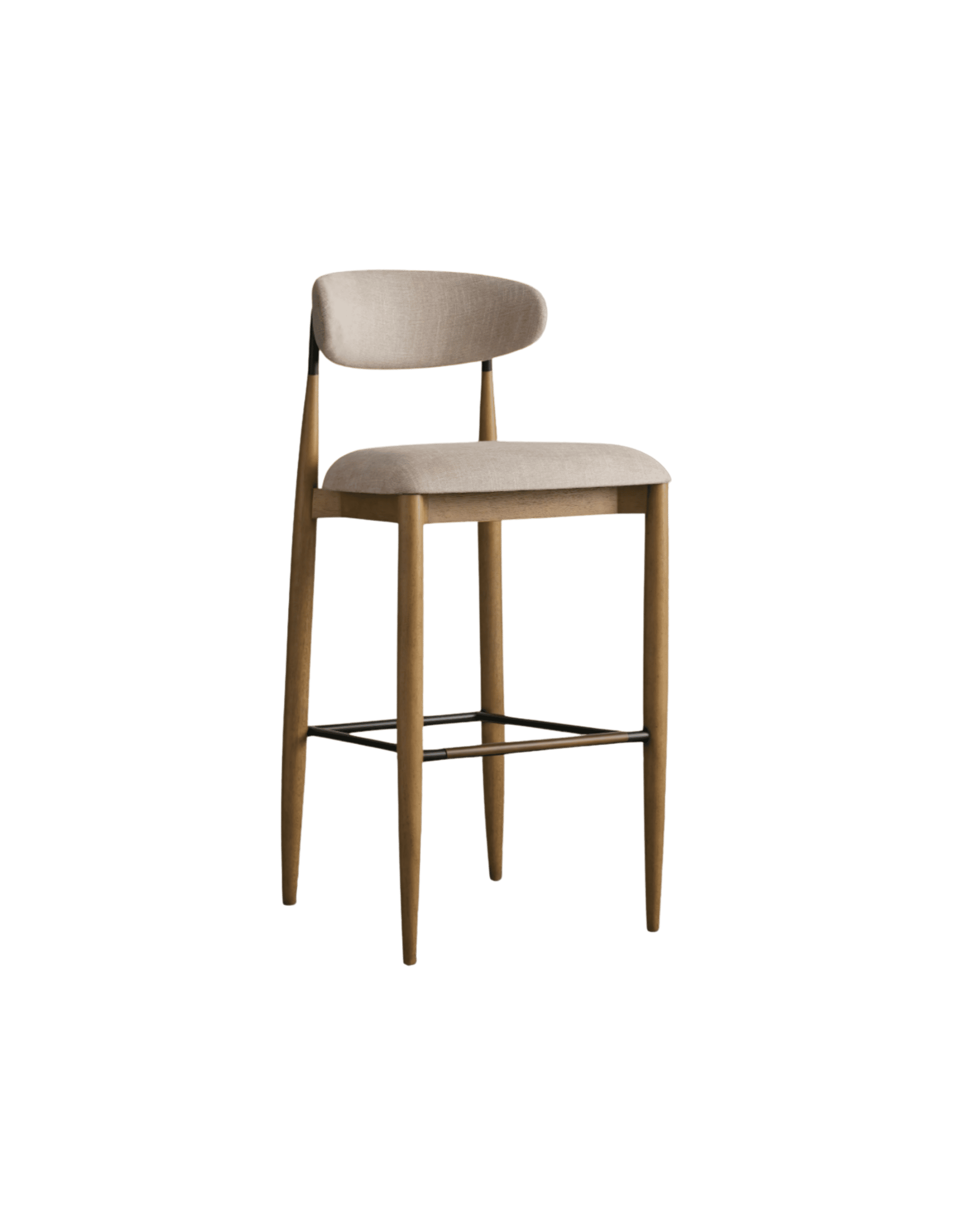 Tall wooden bar stool with a beige upholstered seat and curved backrest, metal footrest, isolated on a black background.