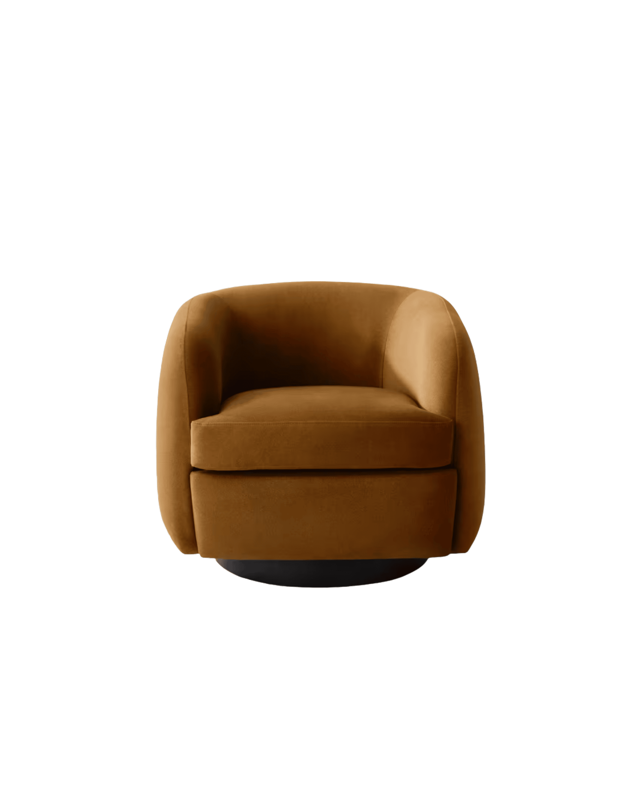 Brown leather armchair photographed from the front against a black backdrop, showing plush seat and curved arms.