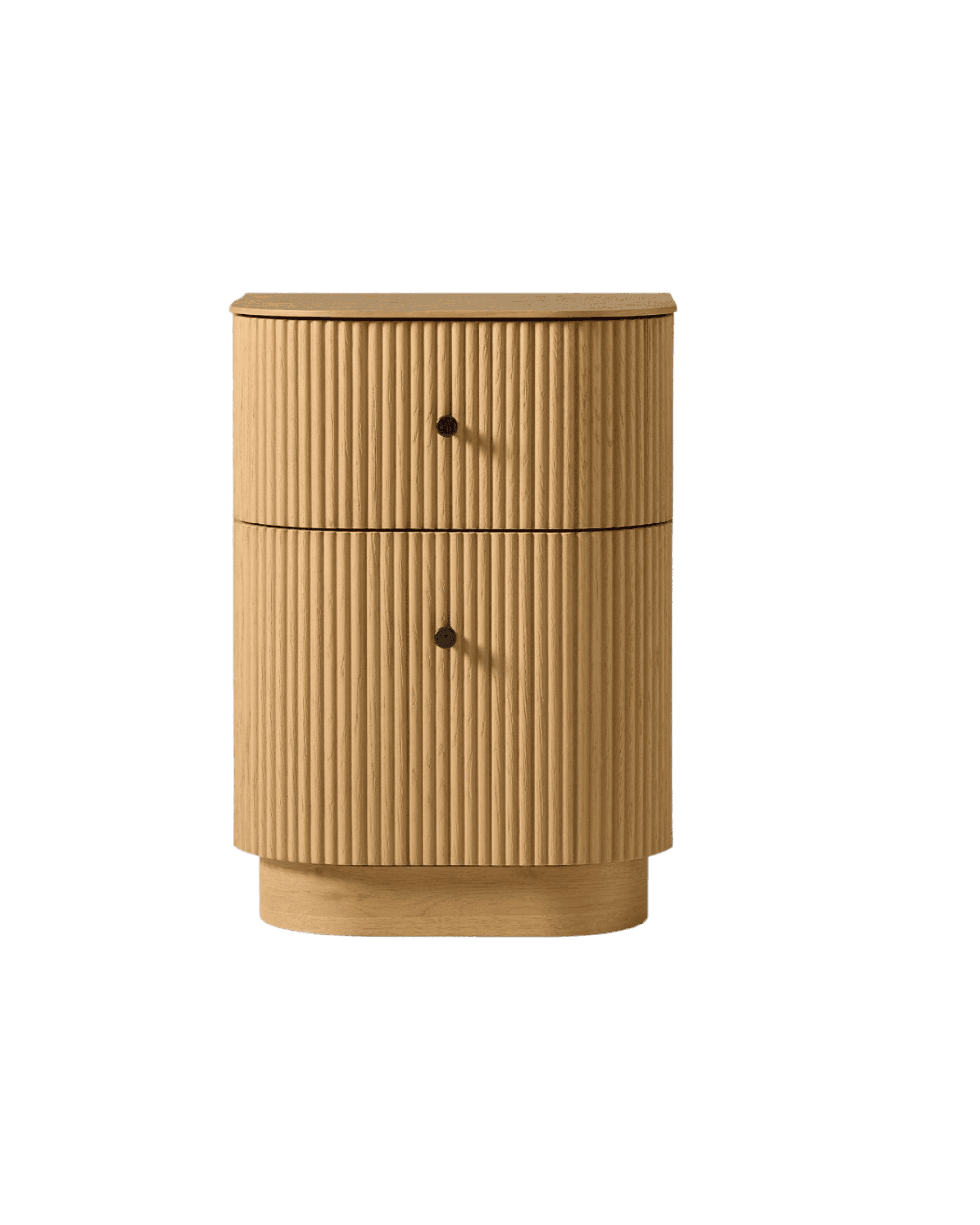 Fluted cylindrical wooden cabinet with two drawers and round knobs, set against a black background.