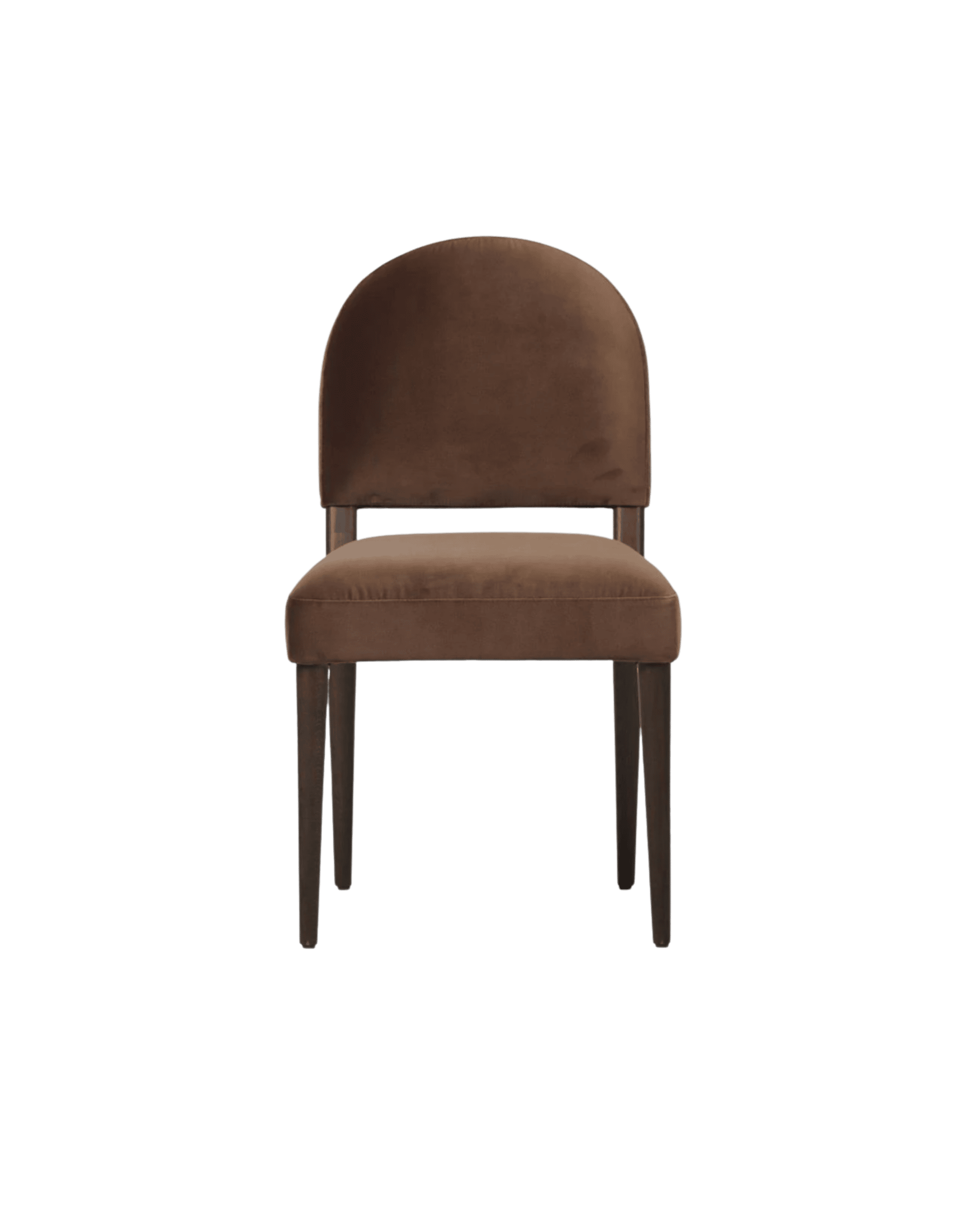 Brown upholstered dining chair with a rounded back and four dark wooden legs viewed from the front.
