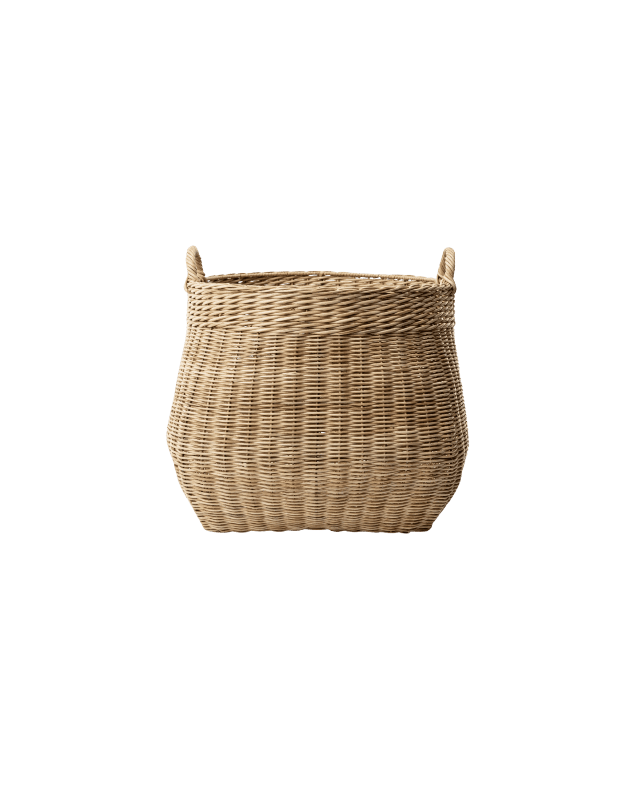 Woven wicker basket partial view with two small handles against a black background.