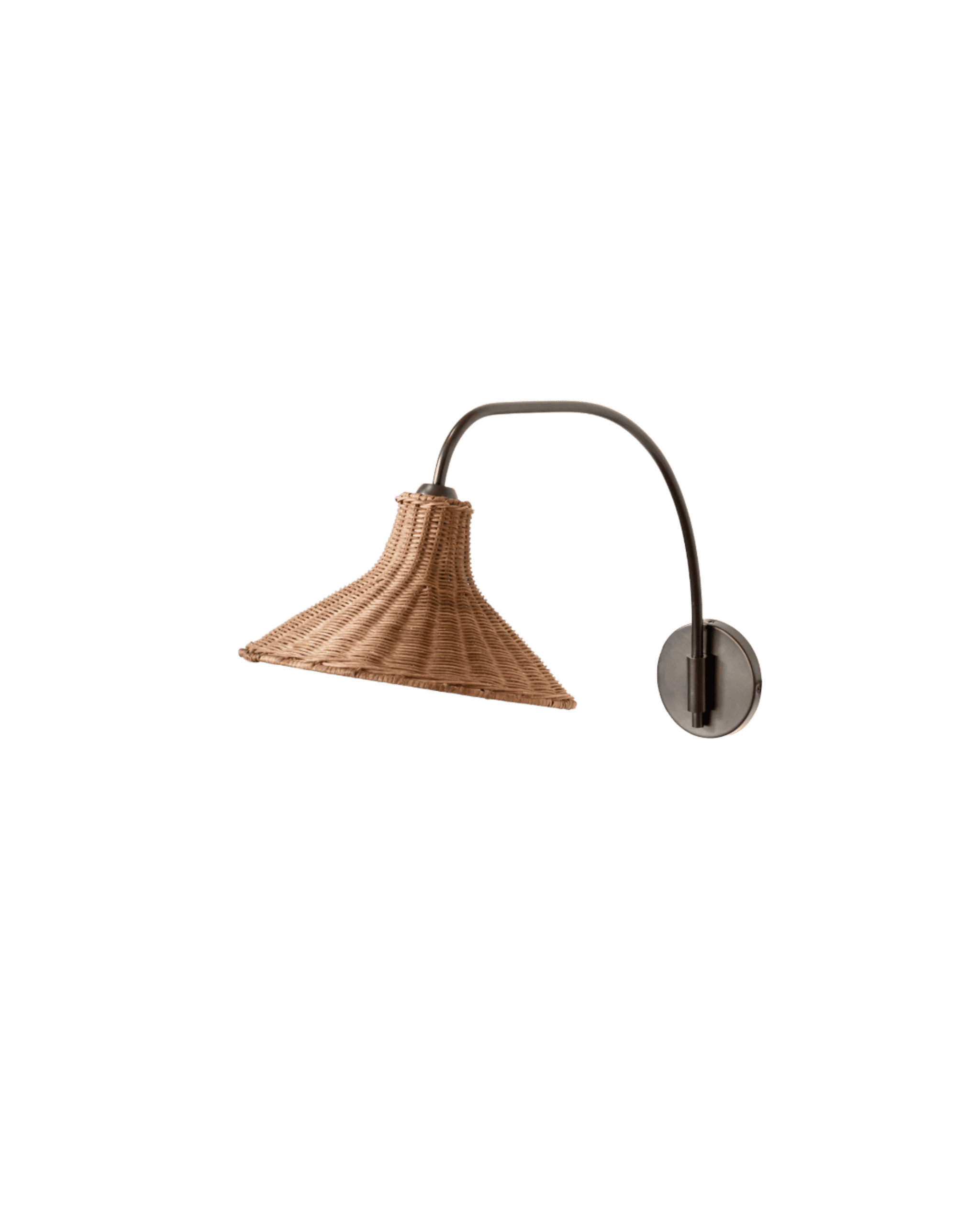 Wall-mounted lamp with a curved metal arm and a woven wicker shade against a black background.