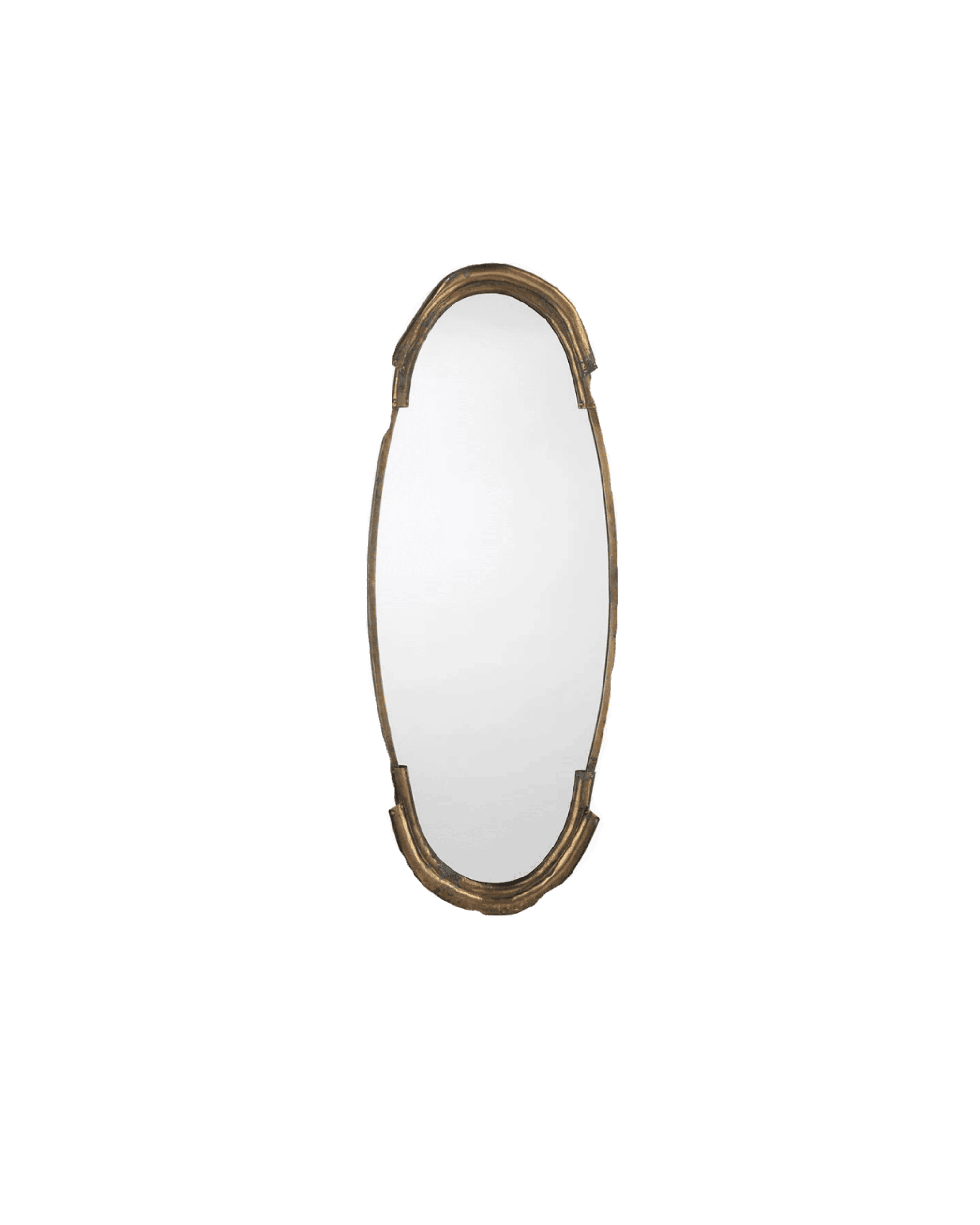 Antique gold-trimmed oval mirror on a black background, centered in the frame.