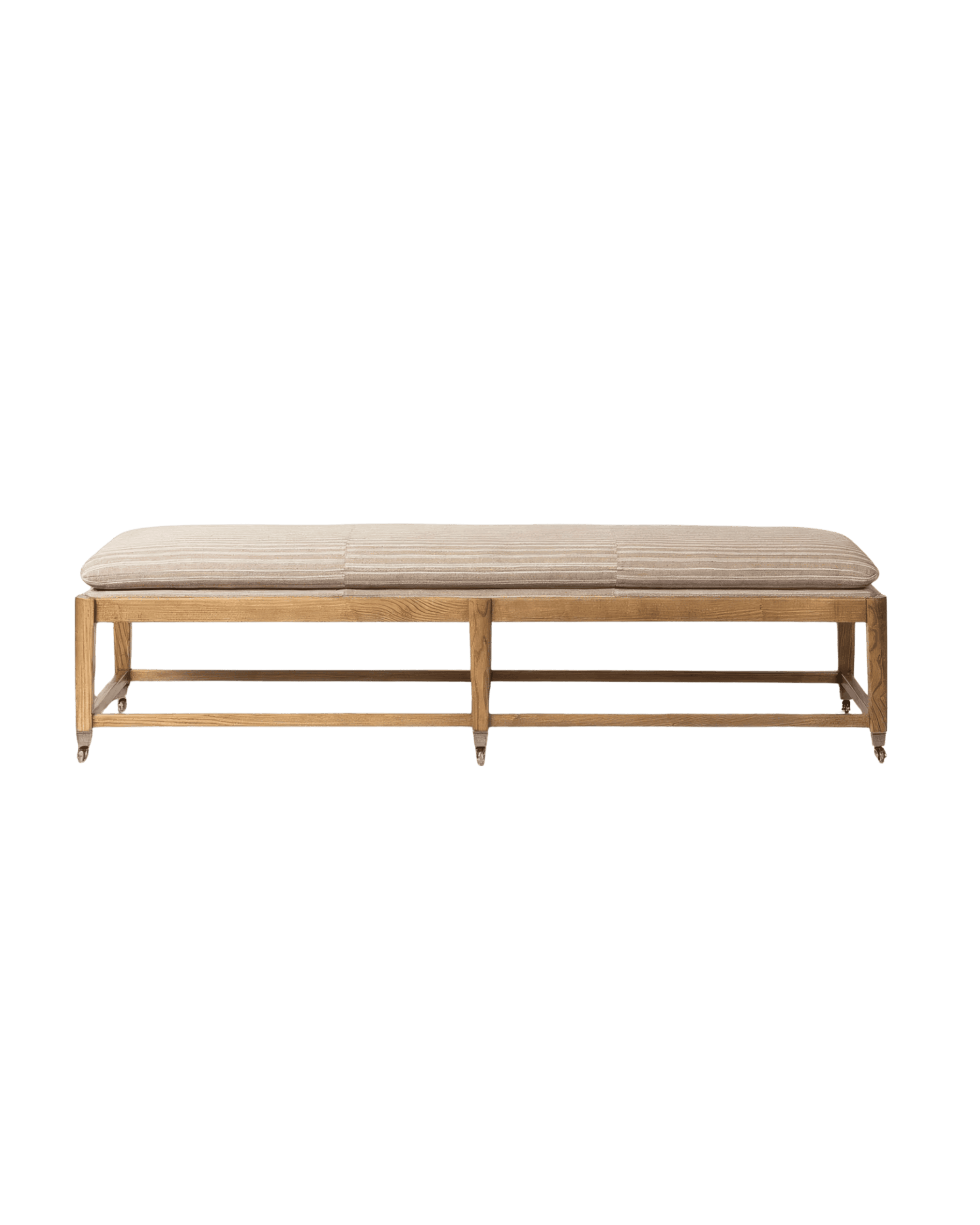 Wooden bench with a beige striped cushion against a black background, low-profile design and light wood frame.