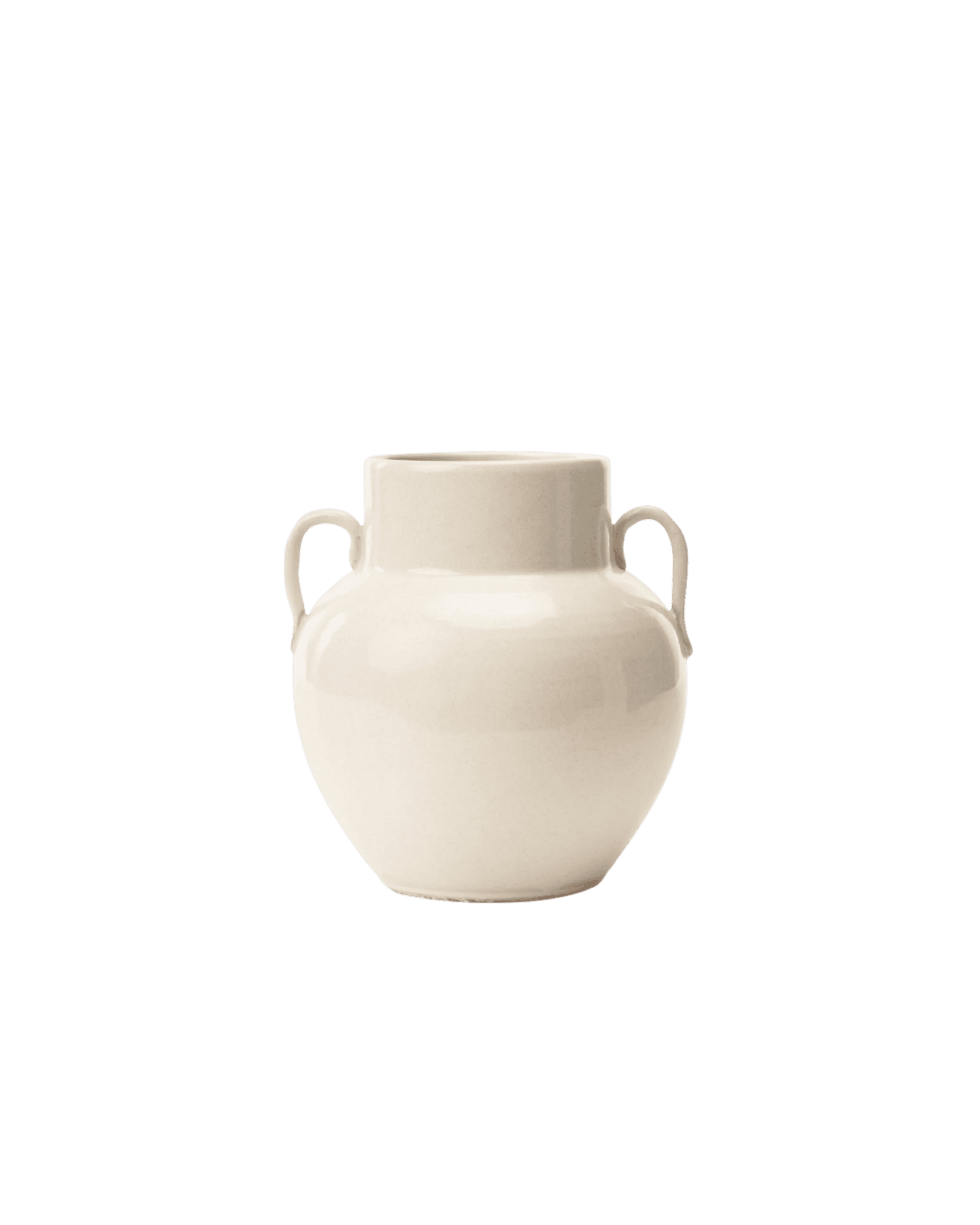 Cream ceramic vase with two small handles and a narrow neck on a black background, front view